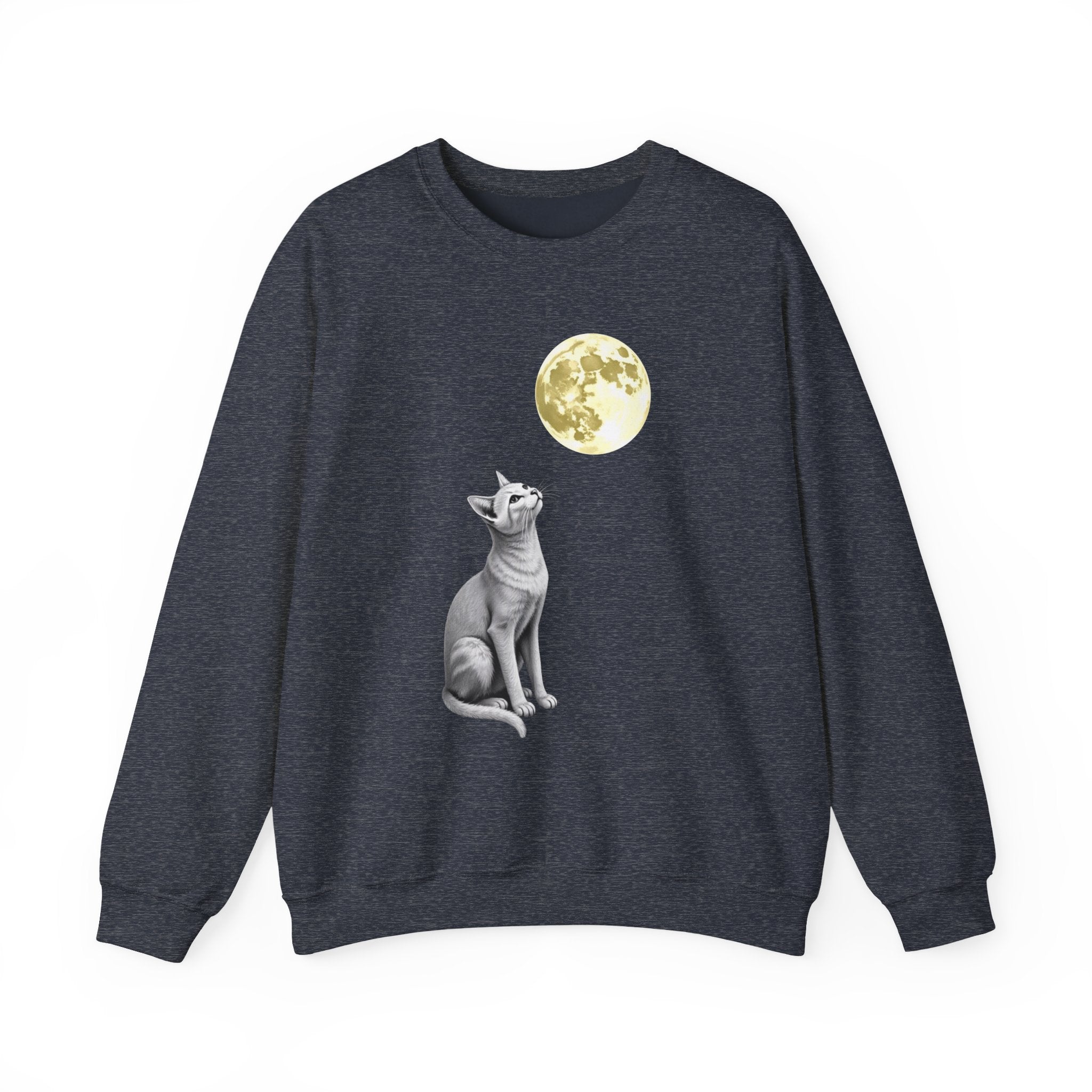 Heather sport dark navy sweatshirt with a cat and moon graphic on a white background