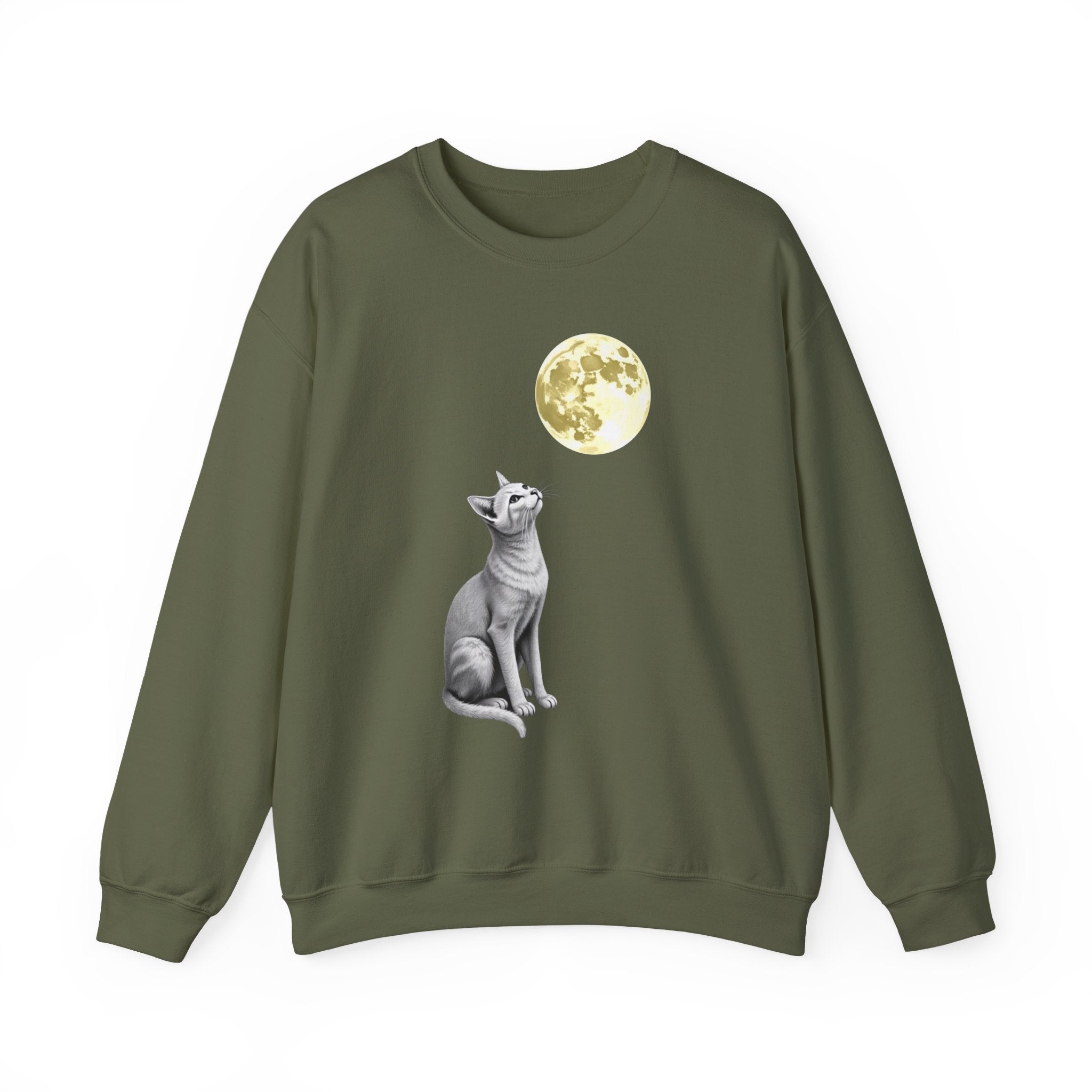 Military green sweatshirt with a cat and moon design on a white background