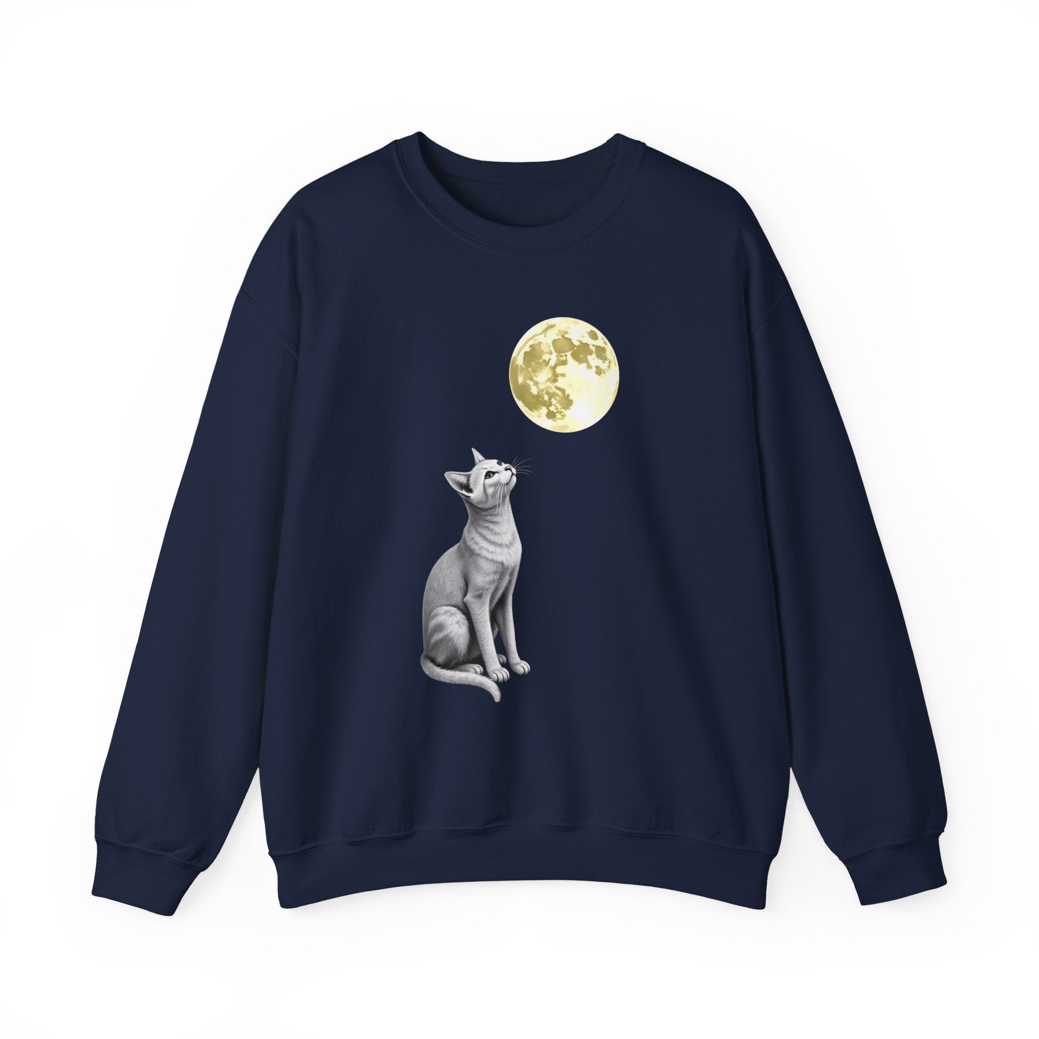 Navy blue sweatshirt with a cat and moon design on a white background