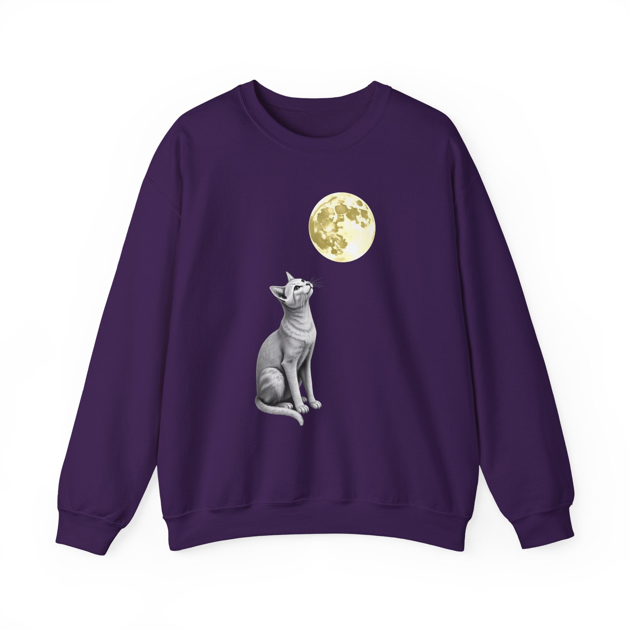 Purple sweatshirt with a cat and moon design on a white background