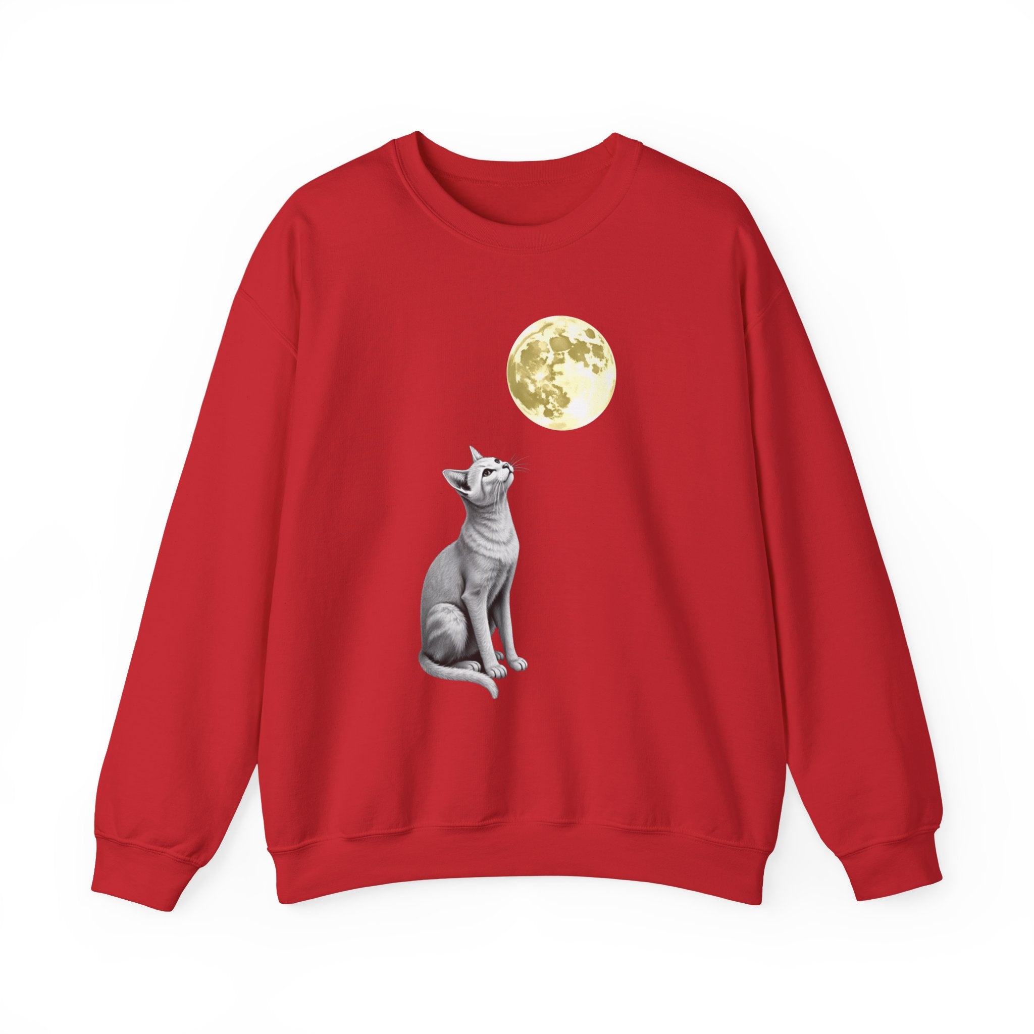 Red sweatshirt with a cat and moon graphic on a white background