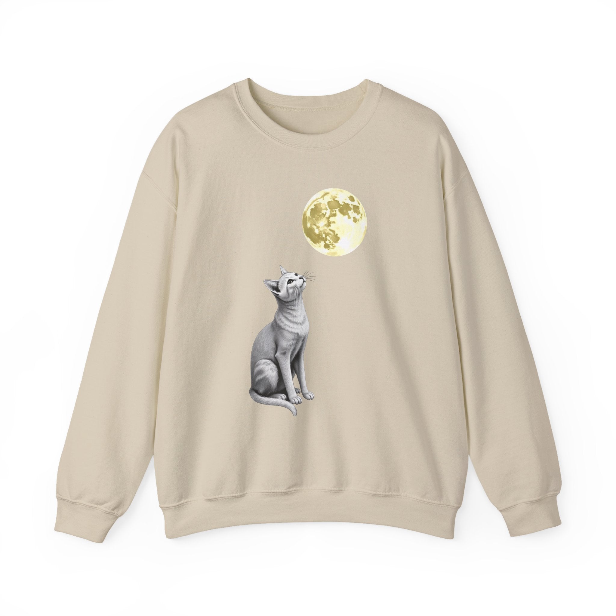 Beige sweatshirt with a cat and moon graphic on a white background