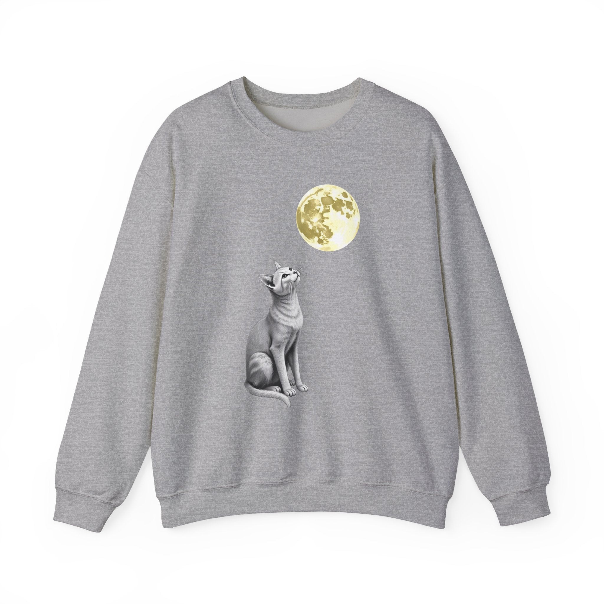 Gray sweatshirt with a cat and moon graphic on a white background
