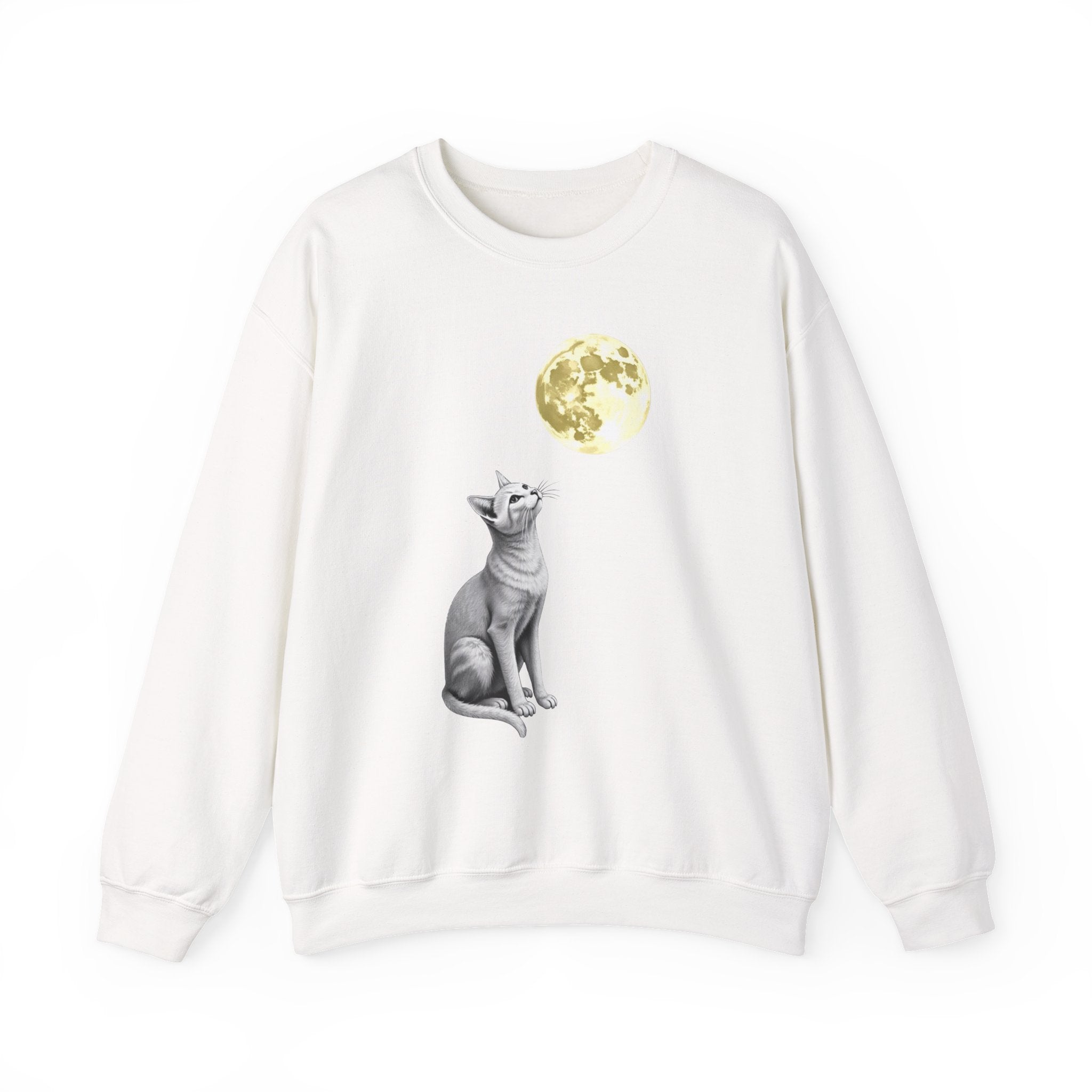 White sweatshirt with a cat and moon design on a white background