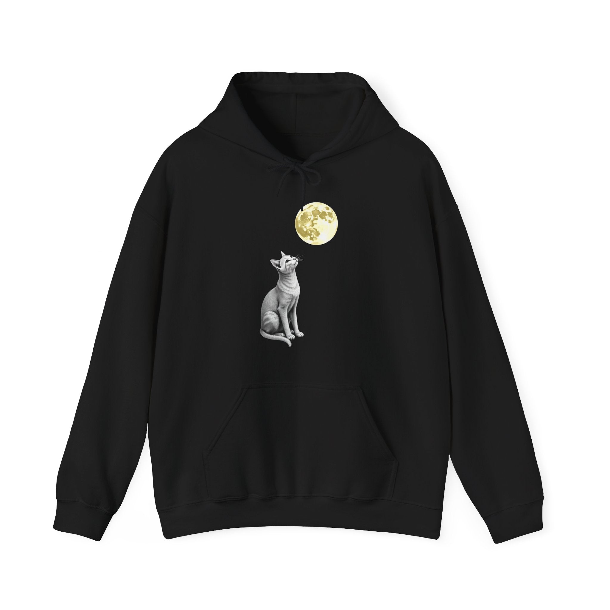 Black hoodie with a cat and moon design on a white background