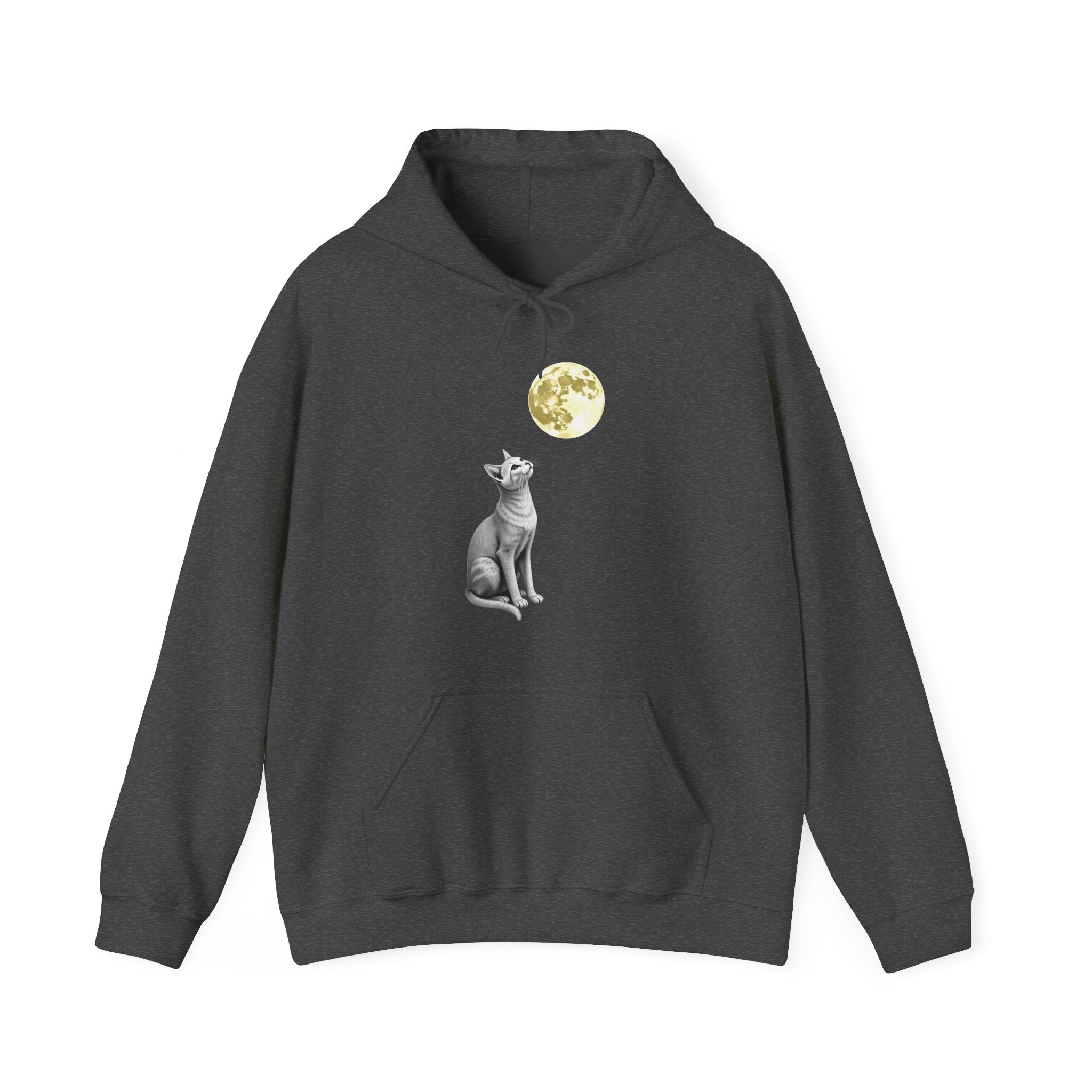 Dark gray hoodie with a cat and moon graphic on a white background