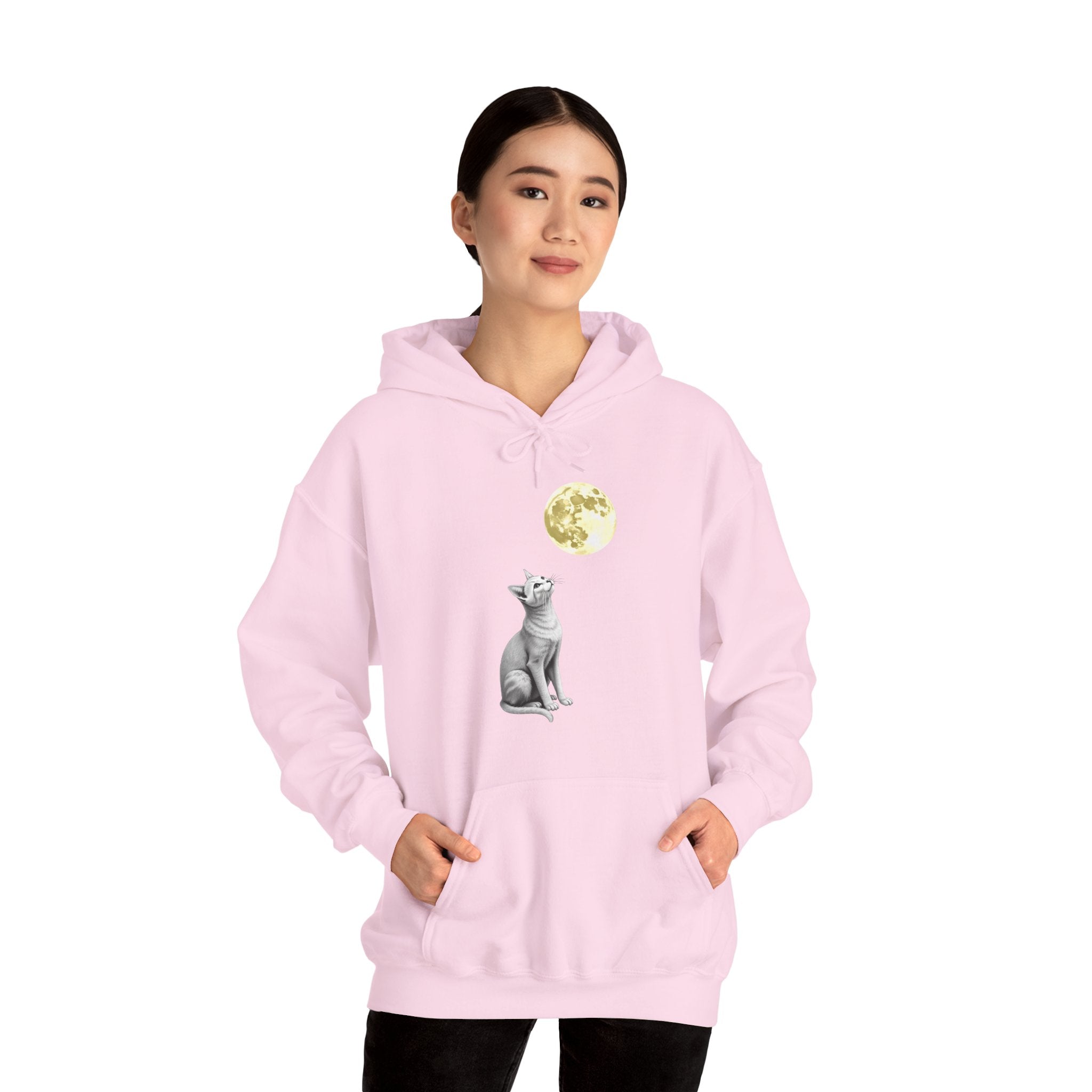 Person wearing a pink hoodie with a cat design on a white background