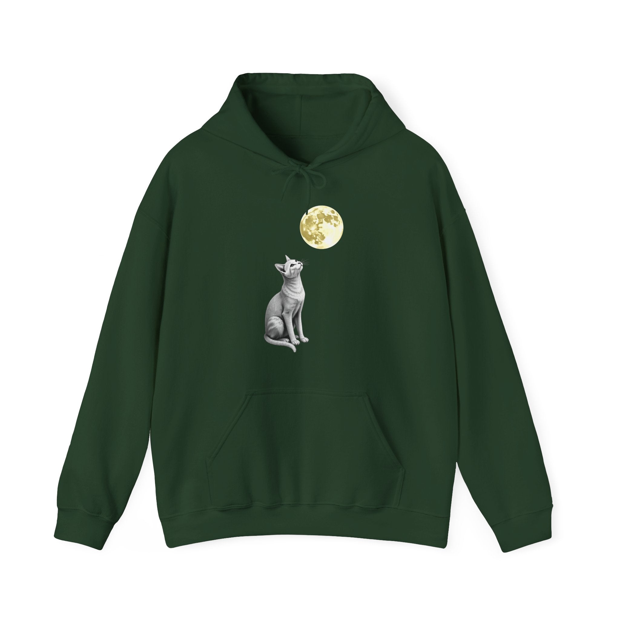 Forest green hoodie with a cat and moon design on a white background