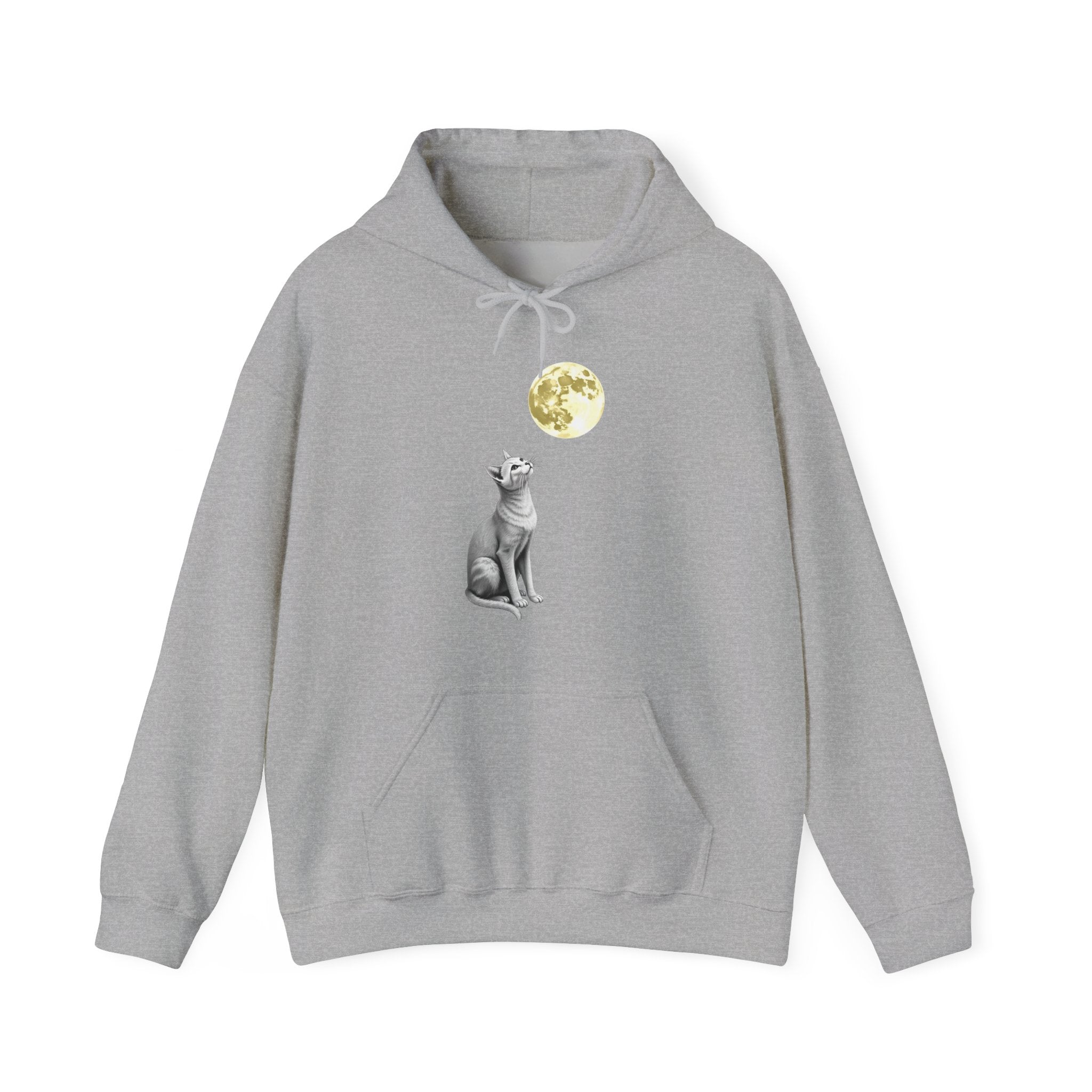 Gray hoodie with a cat and moon graphic on a white background