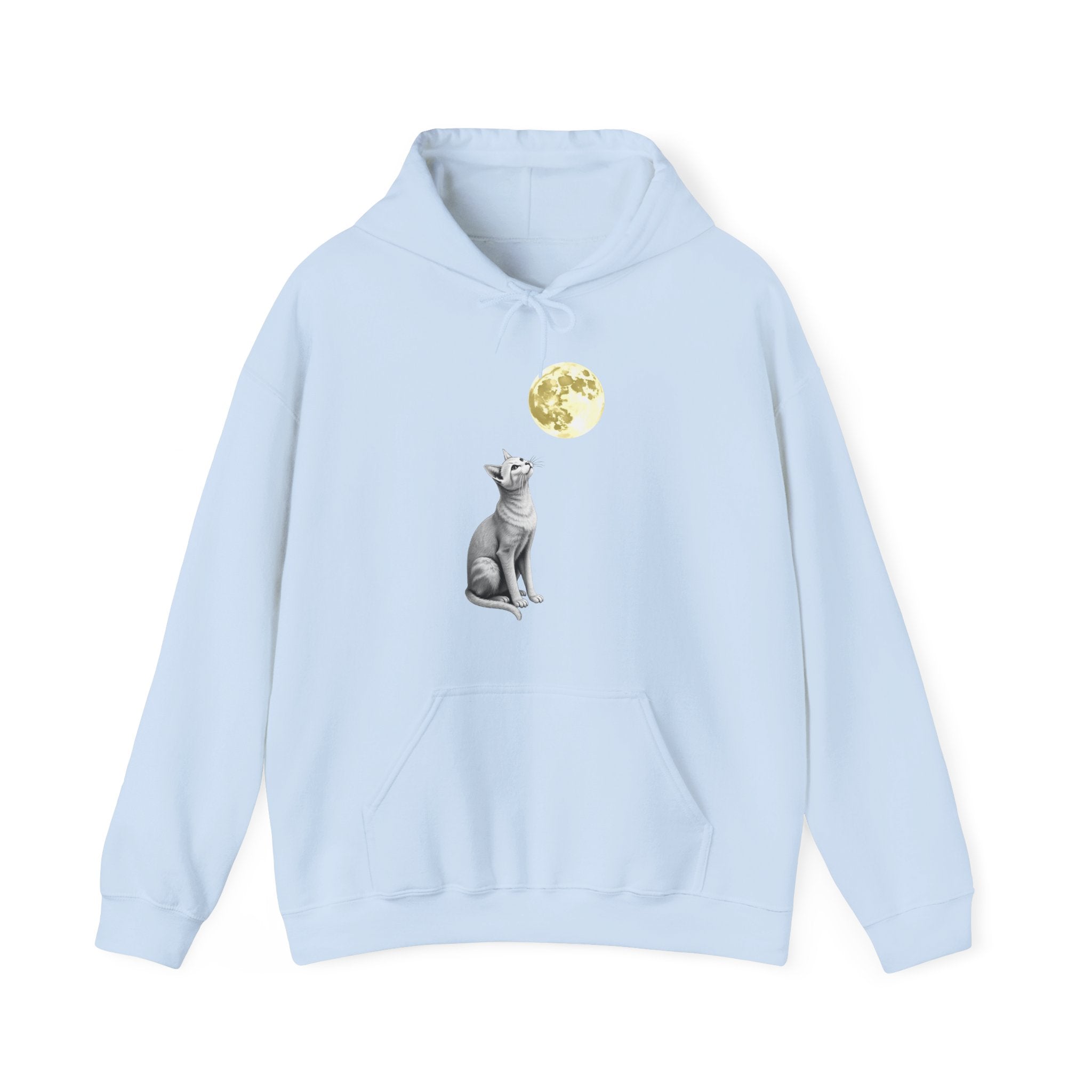 Light blue hoodie with a graphic of a cat and moon on a white background