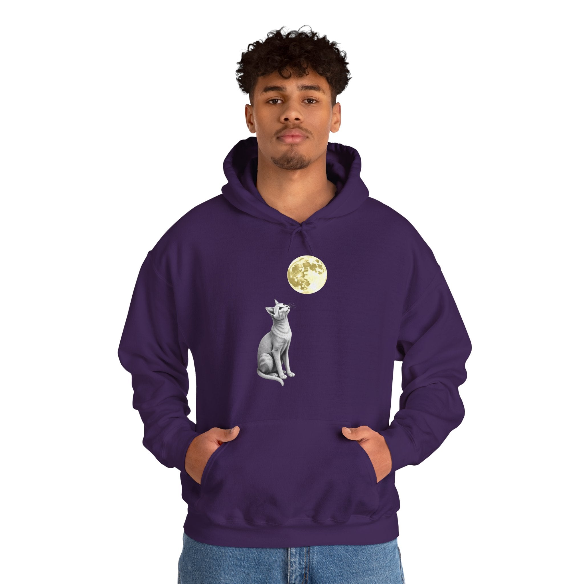 Person wearing a purple hoodie with a graphic of a cat and moon on a white background