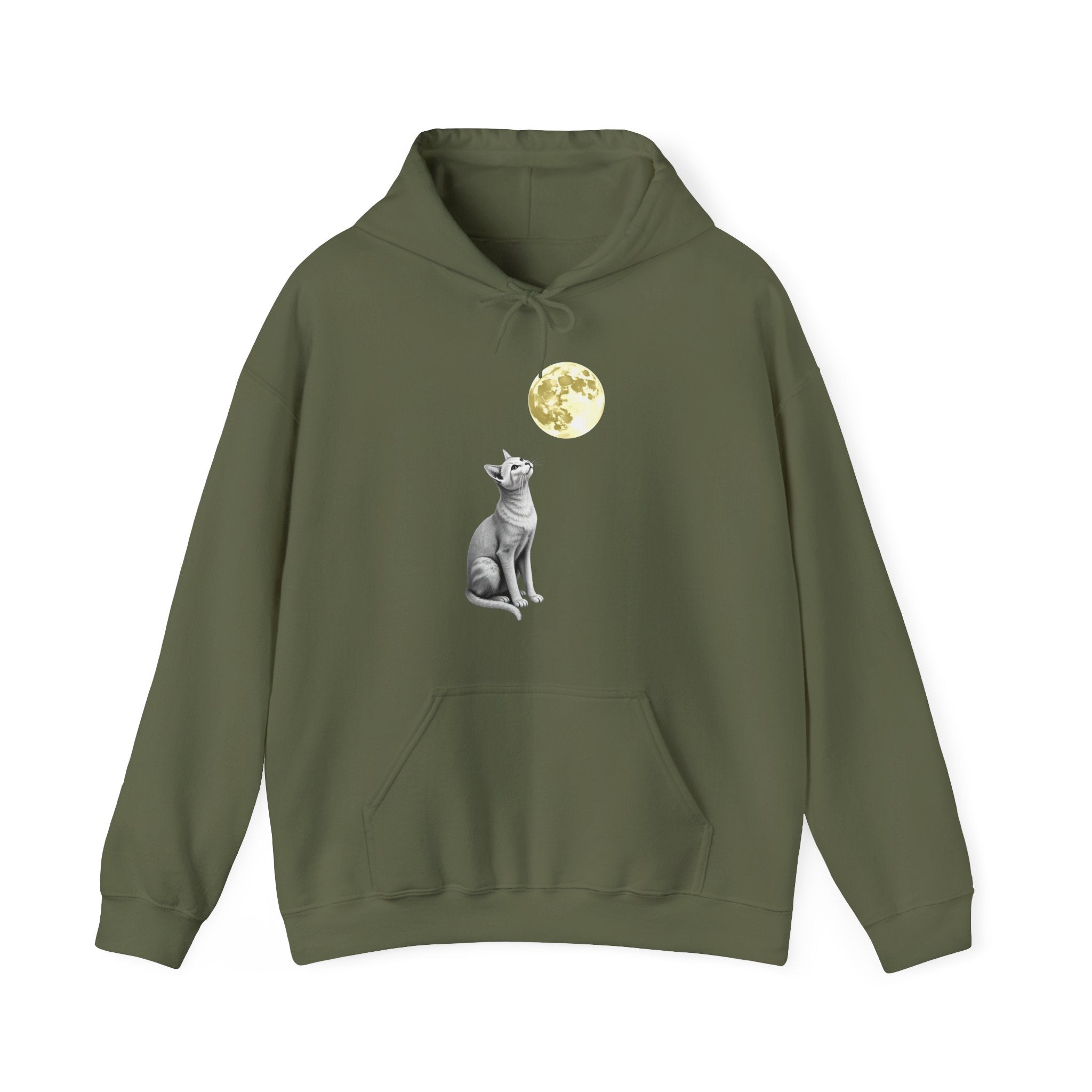 Military green hoodie with a cat and moon graphic on a white background