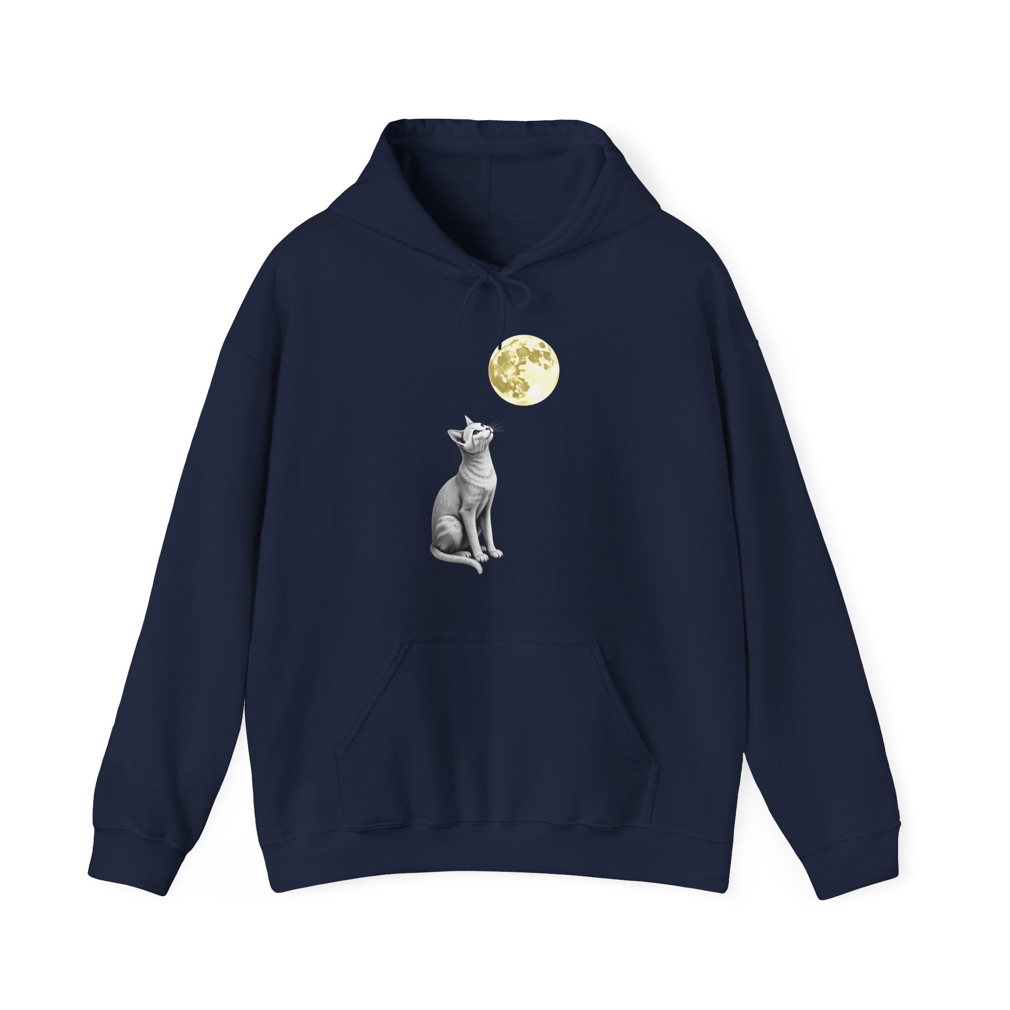 Navy blue hoodie with a cat and moon design on a white background