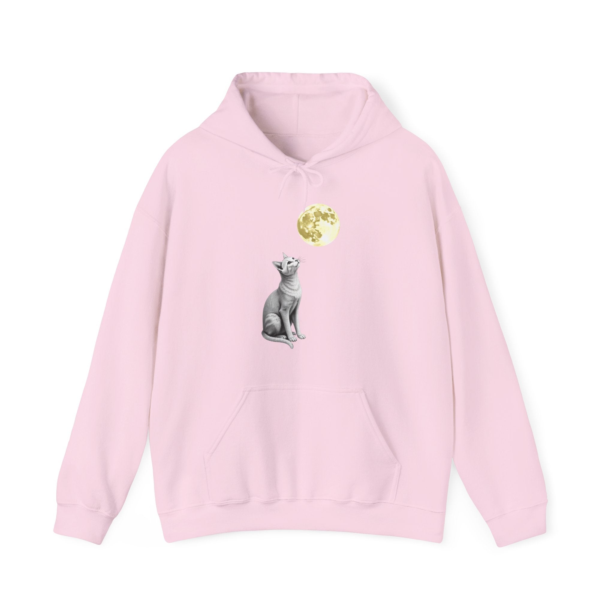 Pink hoodie with a cat and moon design on a white background