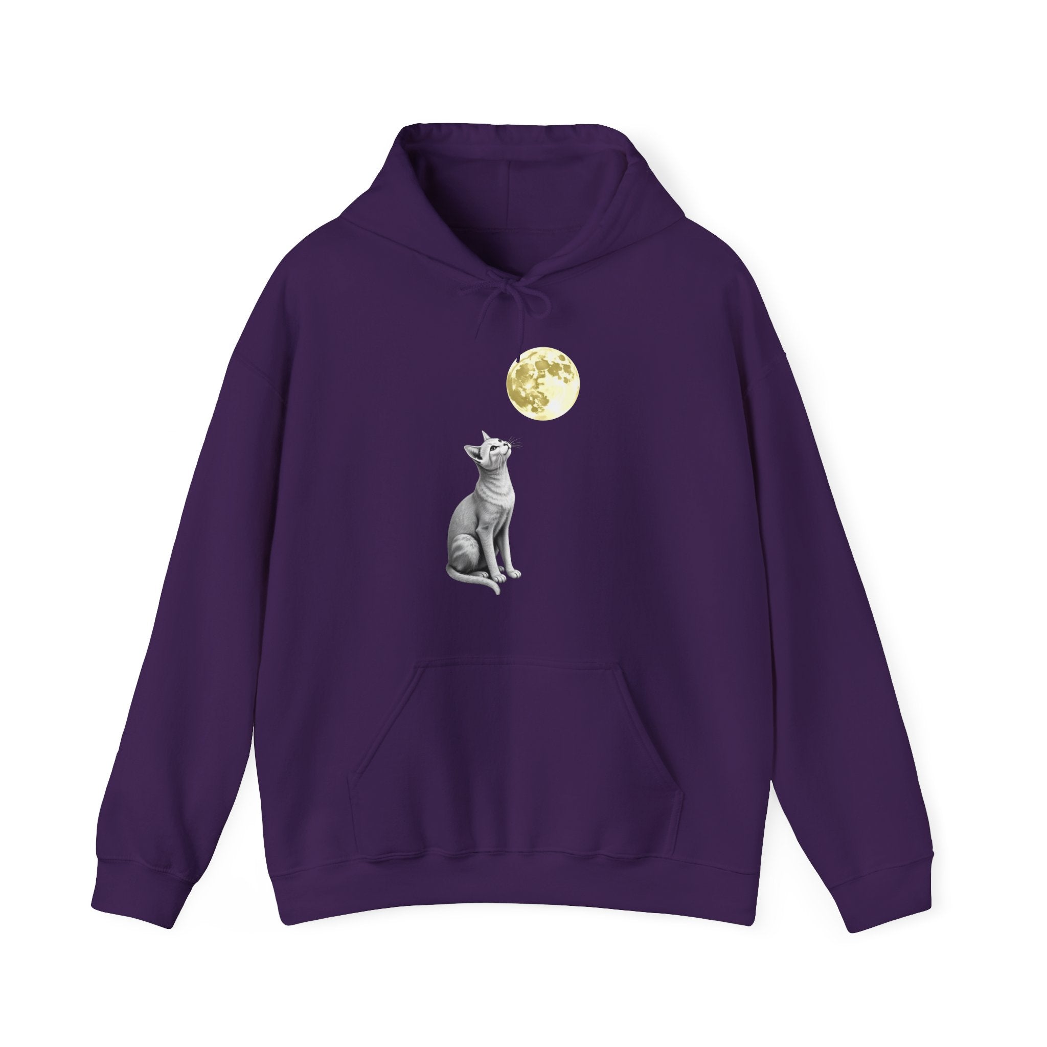 Purple hoodie with a cat and moon graphic on a white background