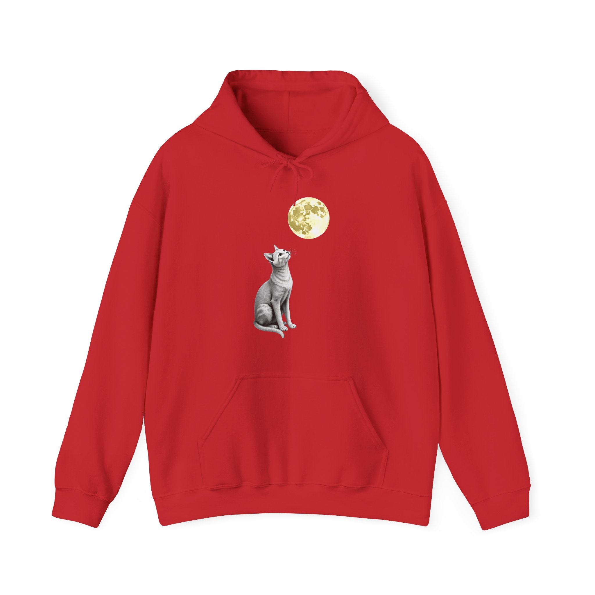 Red hoodie with a cat and moon graphic on a white background