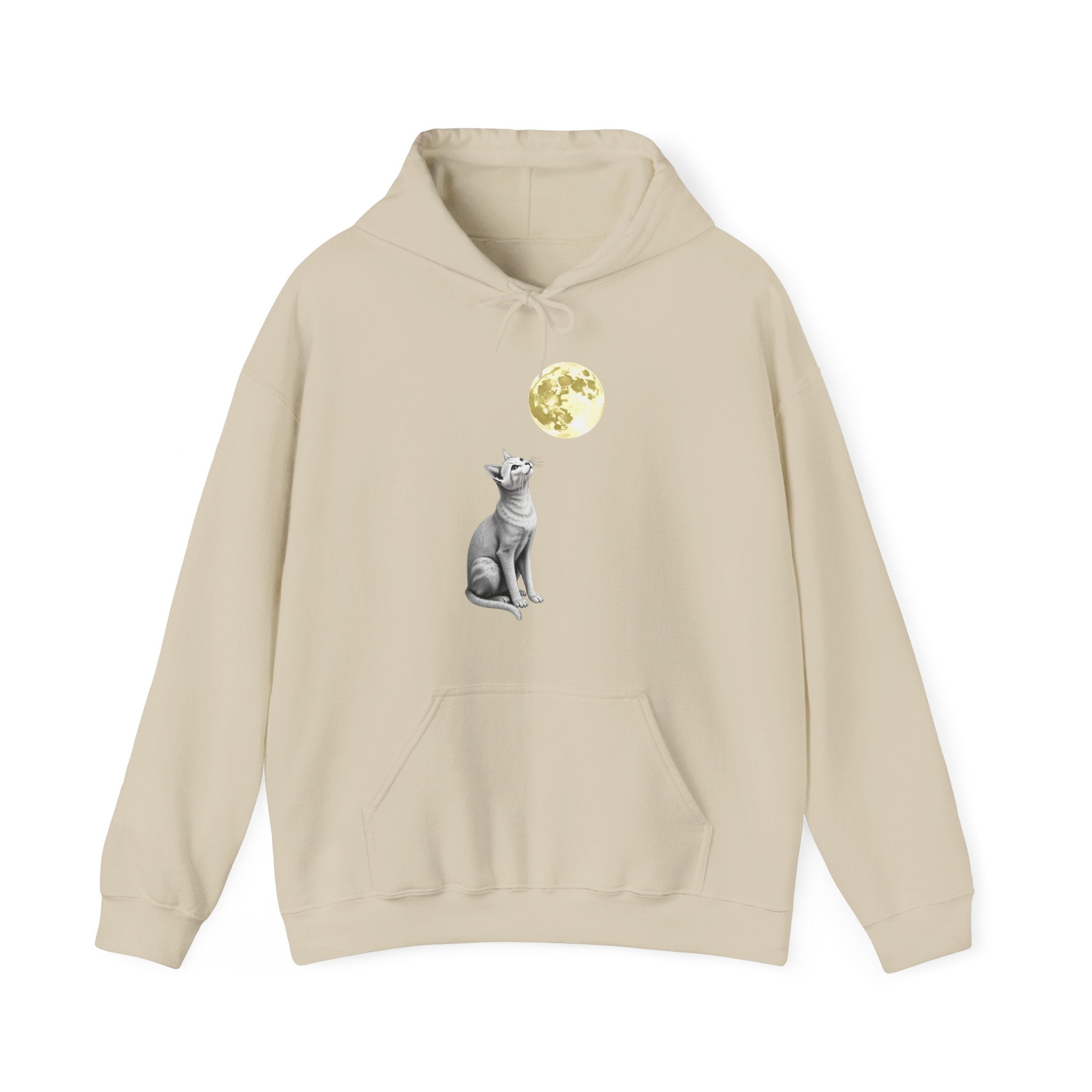 Beige hoodie with a graphic of a cat and a moon on a white background