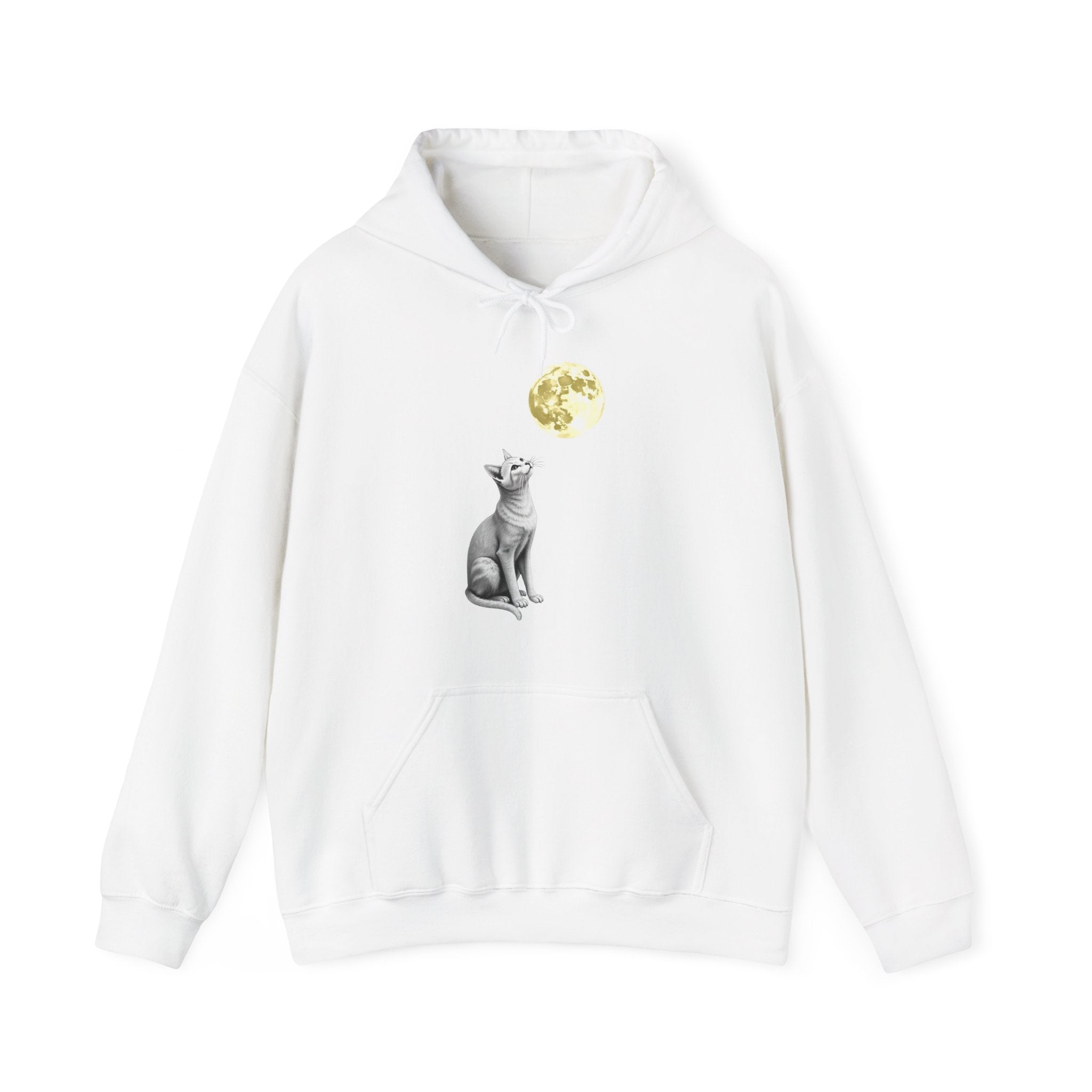 White hoodie with a graphic of a cat and moon on a white background