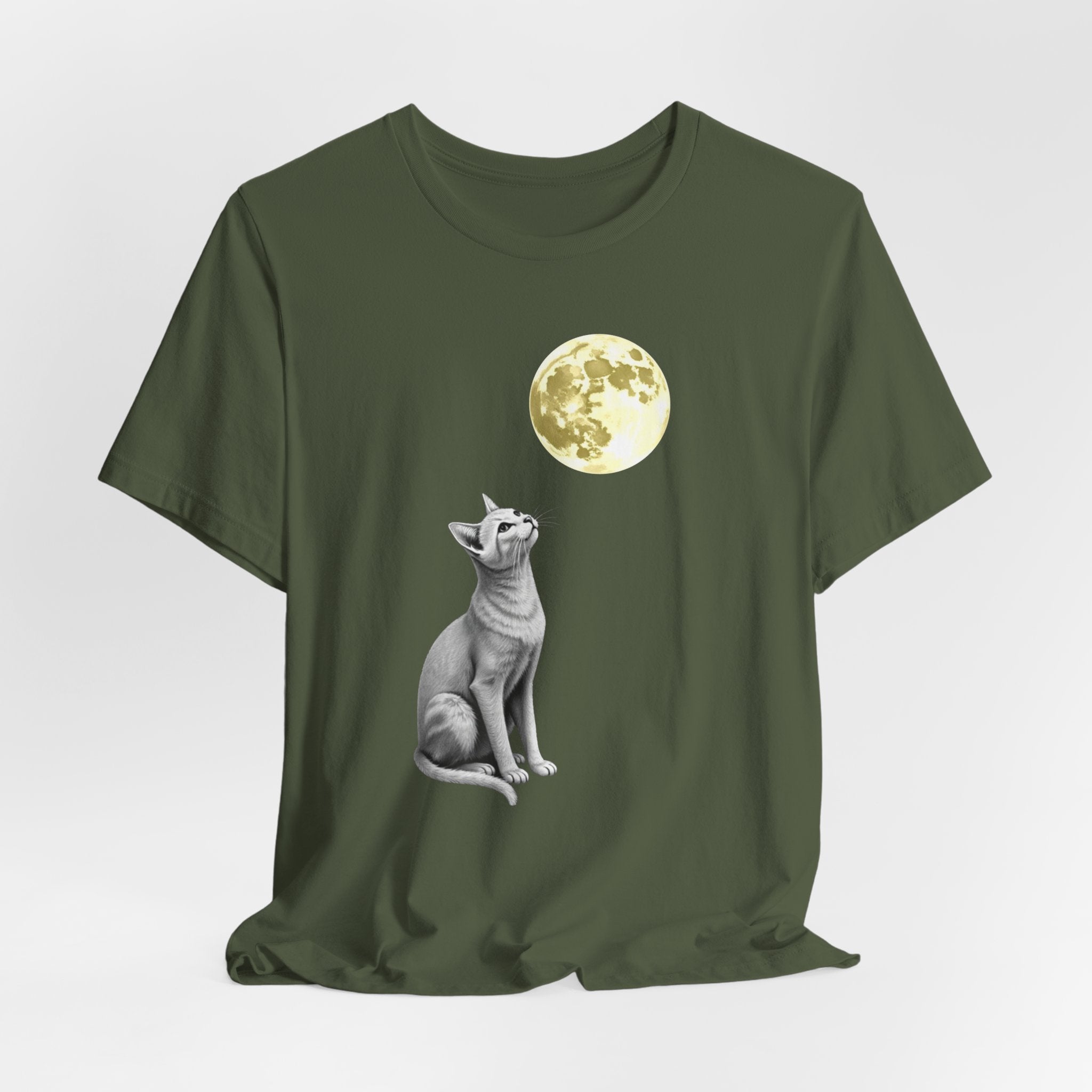 Military green t-shirt with a graphic of a cat and a moon on a white background