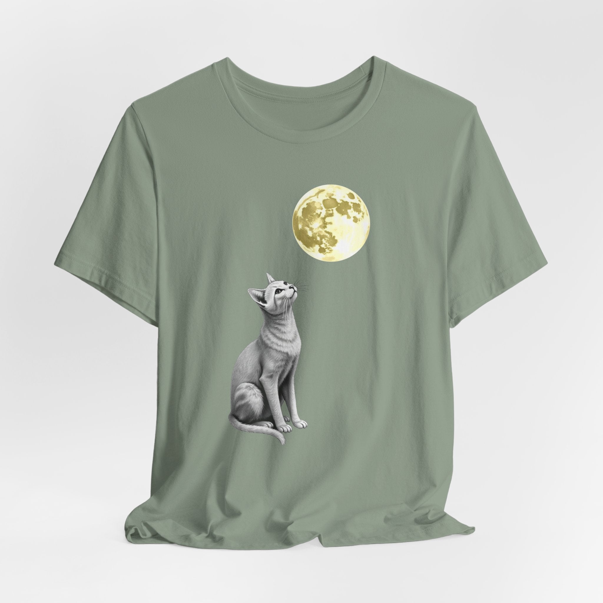 Sage green t-shirt with a graphic of a fox and a moon on a light gray background