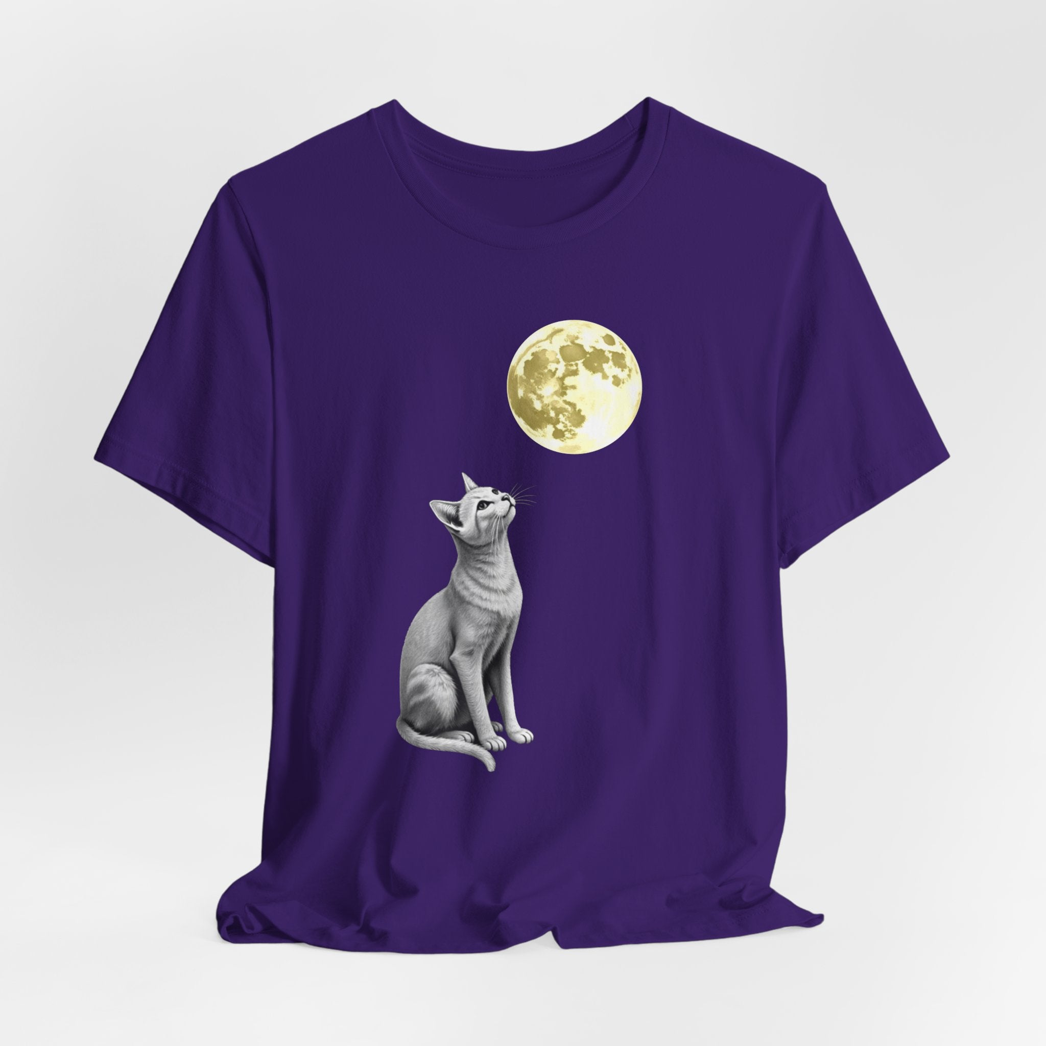 Purple t-shirt with a cat and moon graphic on a white background