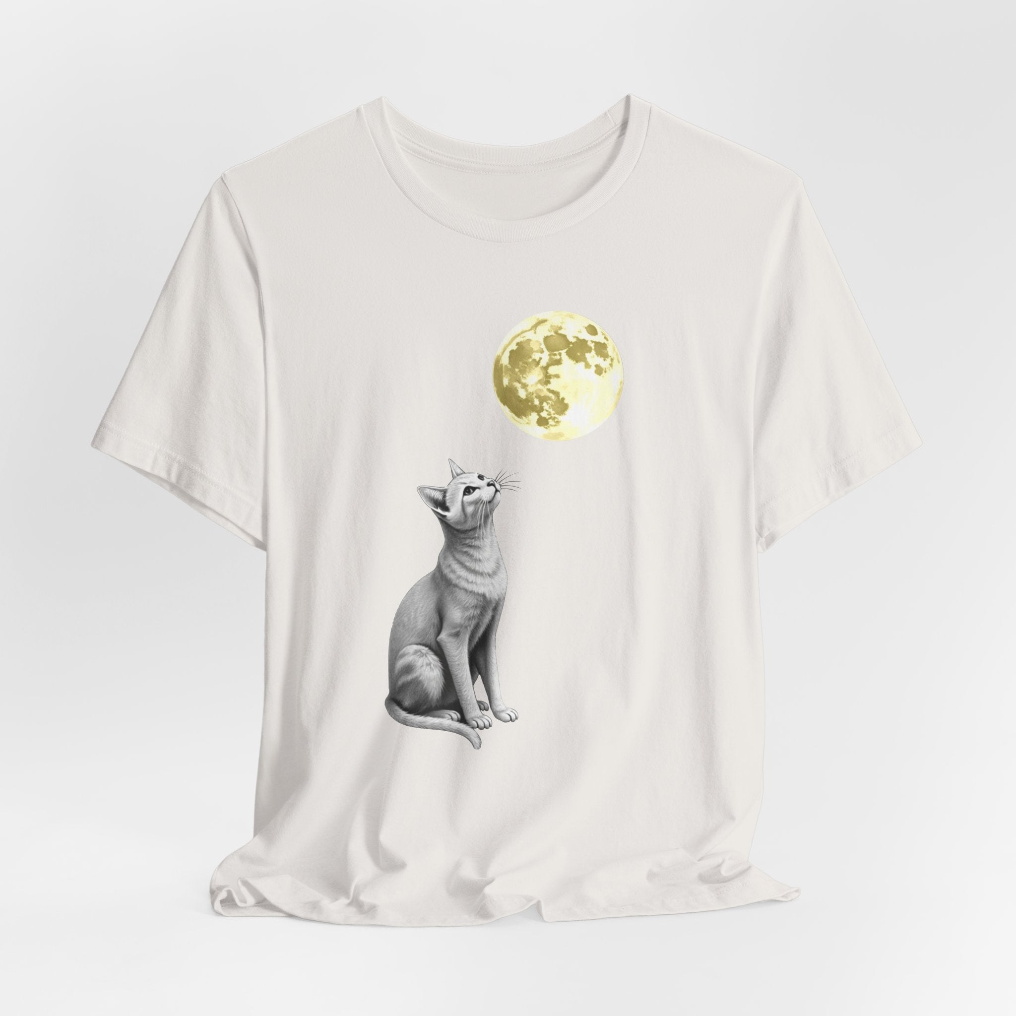 Vintage white t-shirt with a cat and moon graphic on a white background