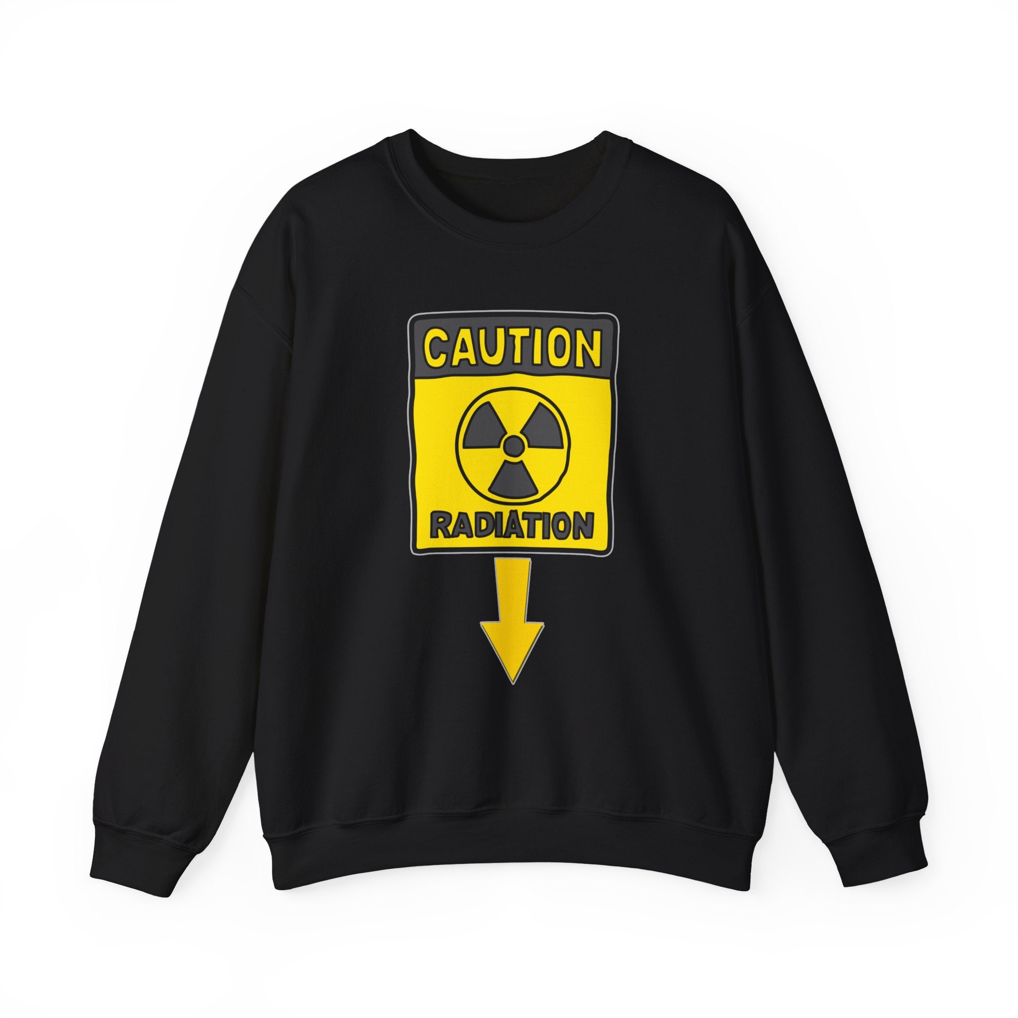 Black sweatshirt with a radiation warning sign on a white background