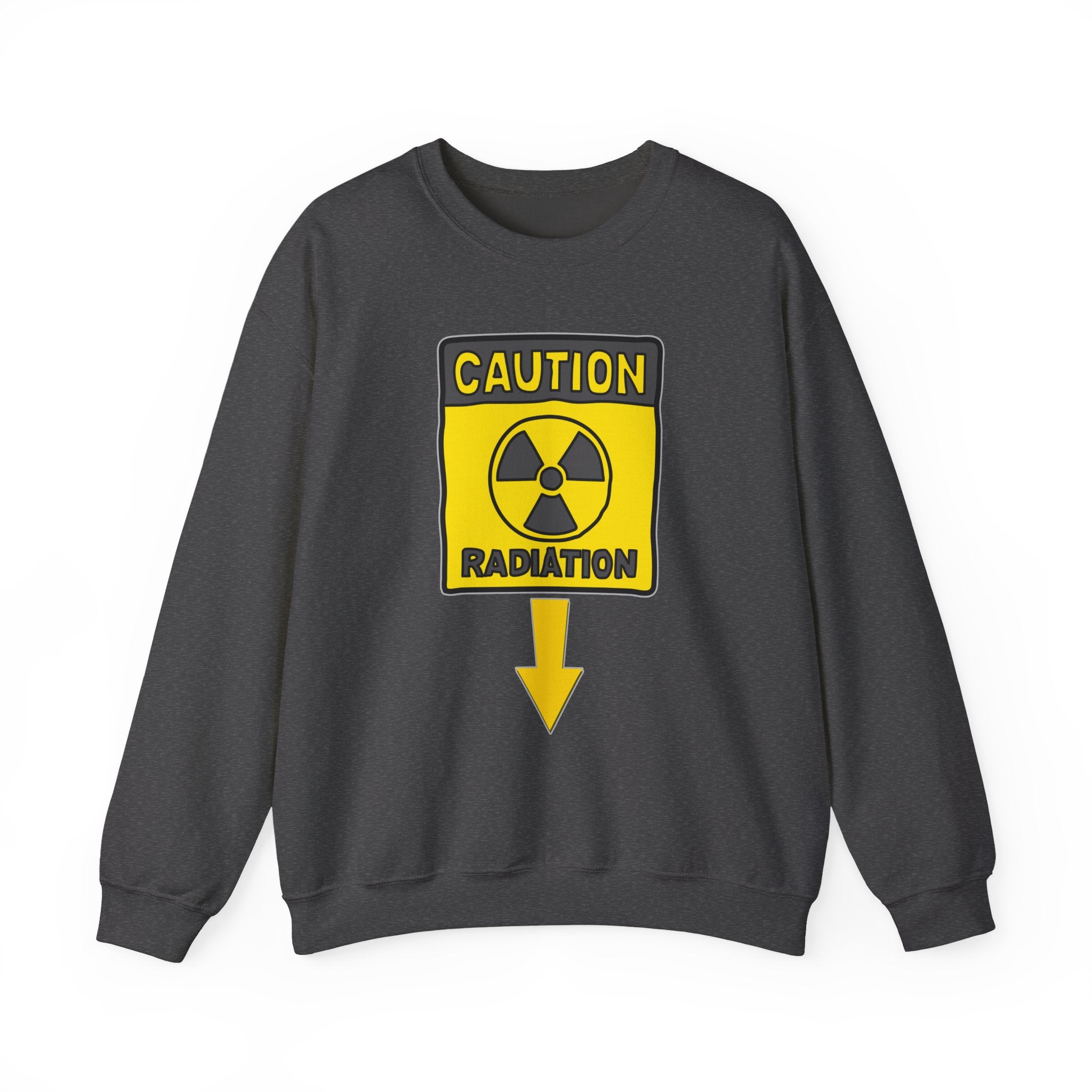 Dark heather sweatshirt with a yellow radiation warning sign on a white background