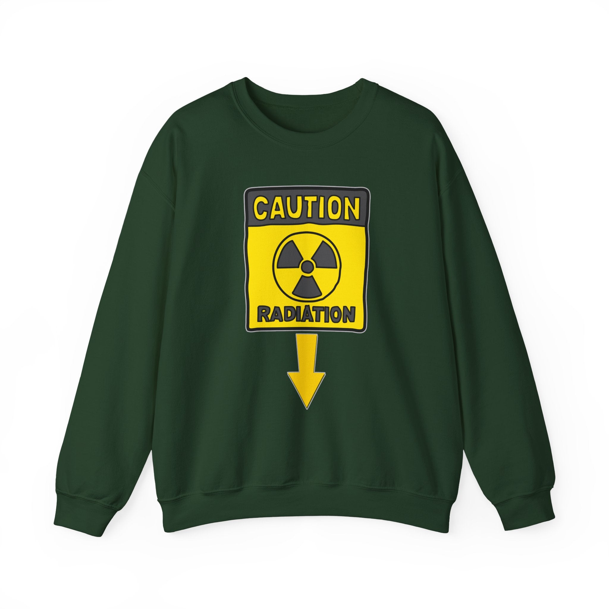 Forest green sweatshirt with a radiation warning sign on a white background