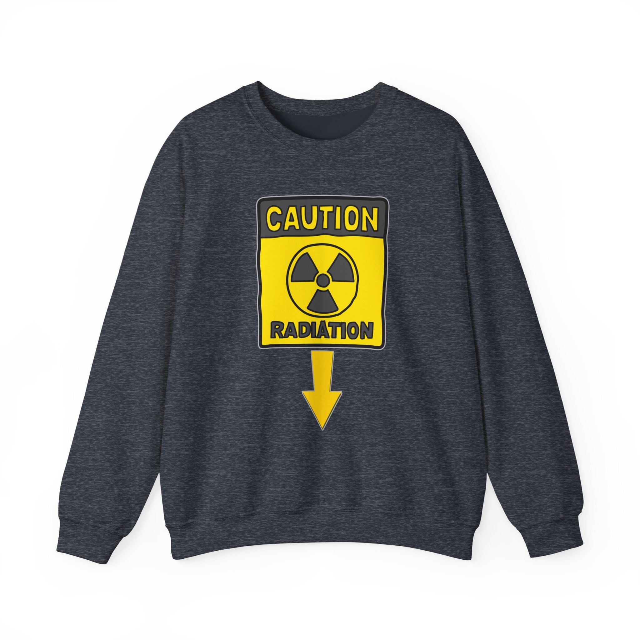 Heather sport dark navy gray sweatshirt with a yellow radiation warning sign on a white background