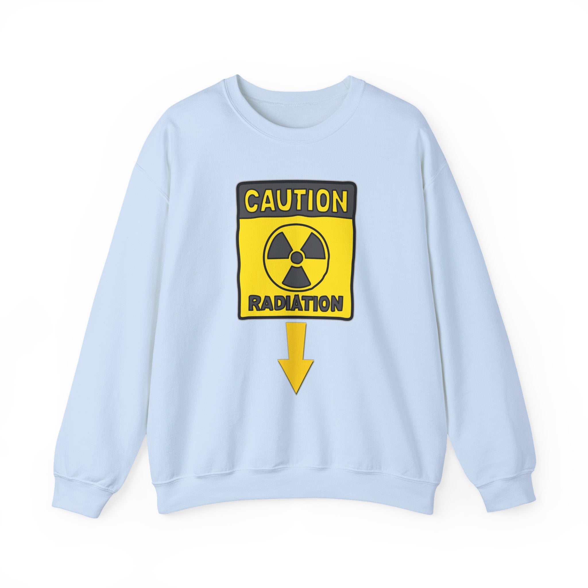 Light blue sweatshirt with a radiation warning sign on a white background