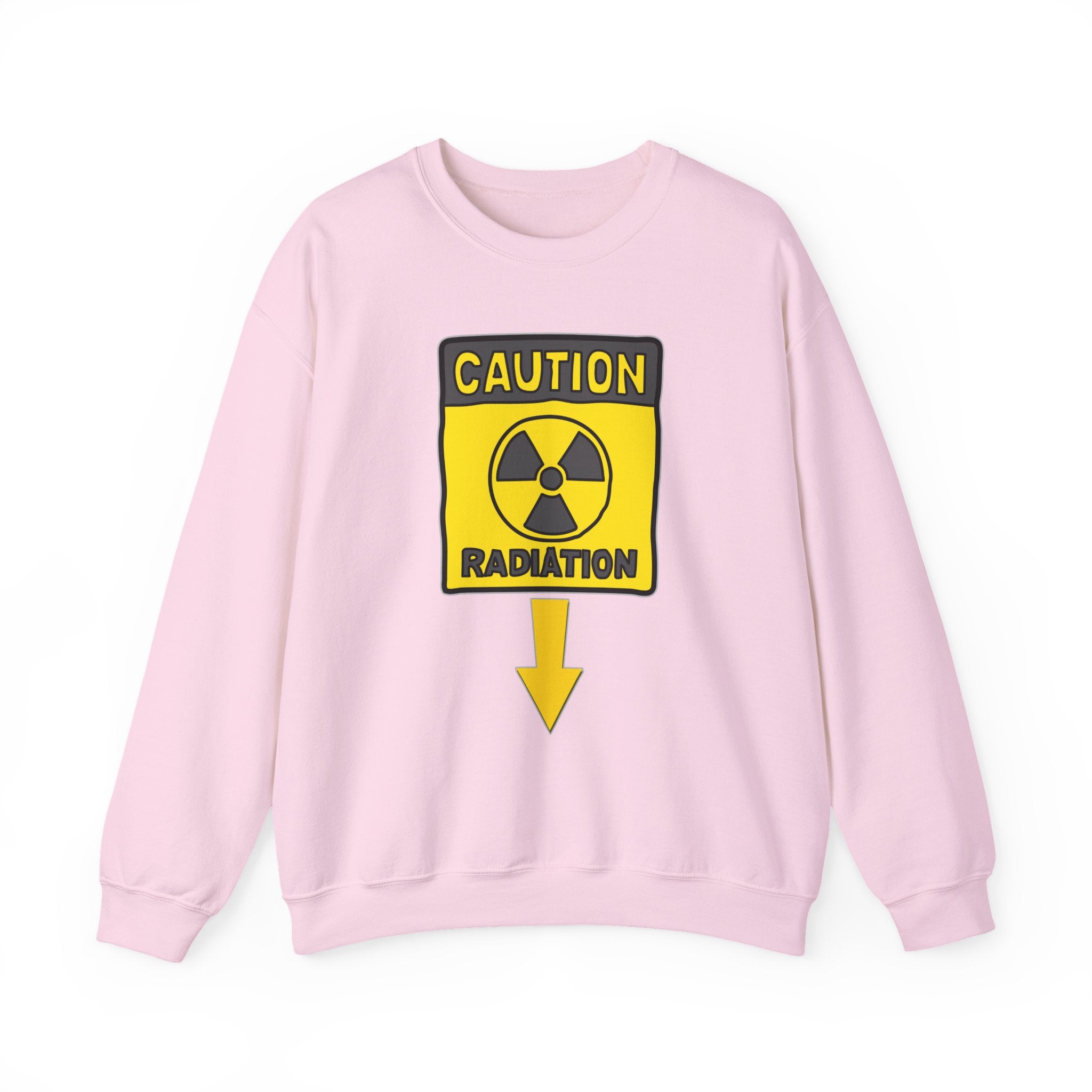 Pink sweatshirt with a radiation warning sign on a white background