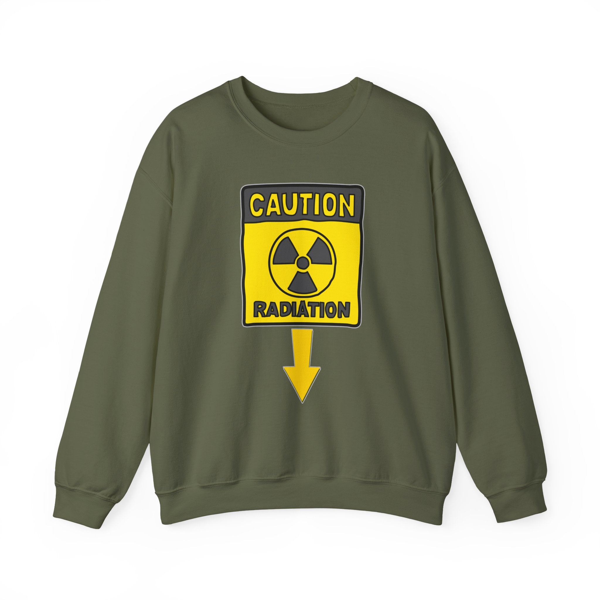 Military green sweatshirt with a radiation warning sign on a white background