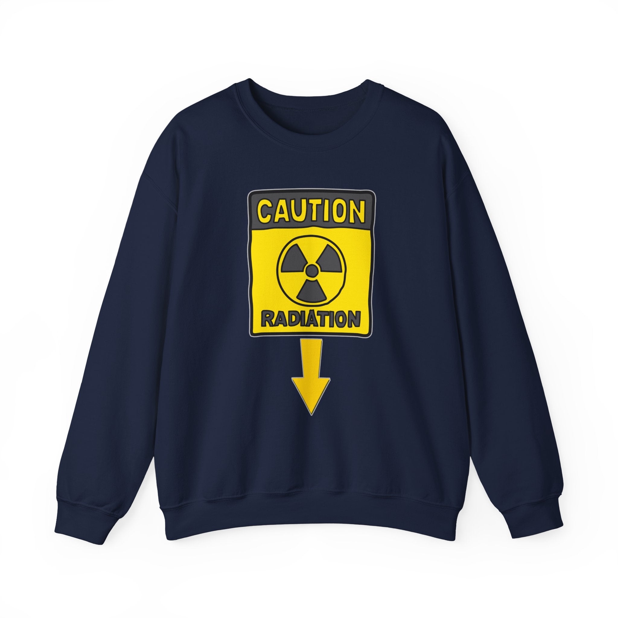 Navy blue sweatshirt with a yellow radiation warning sign on a white background