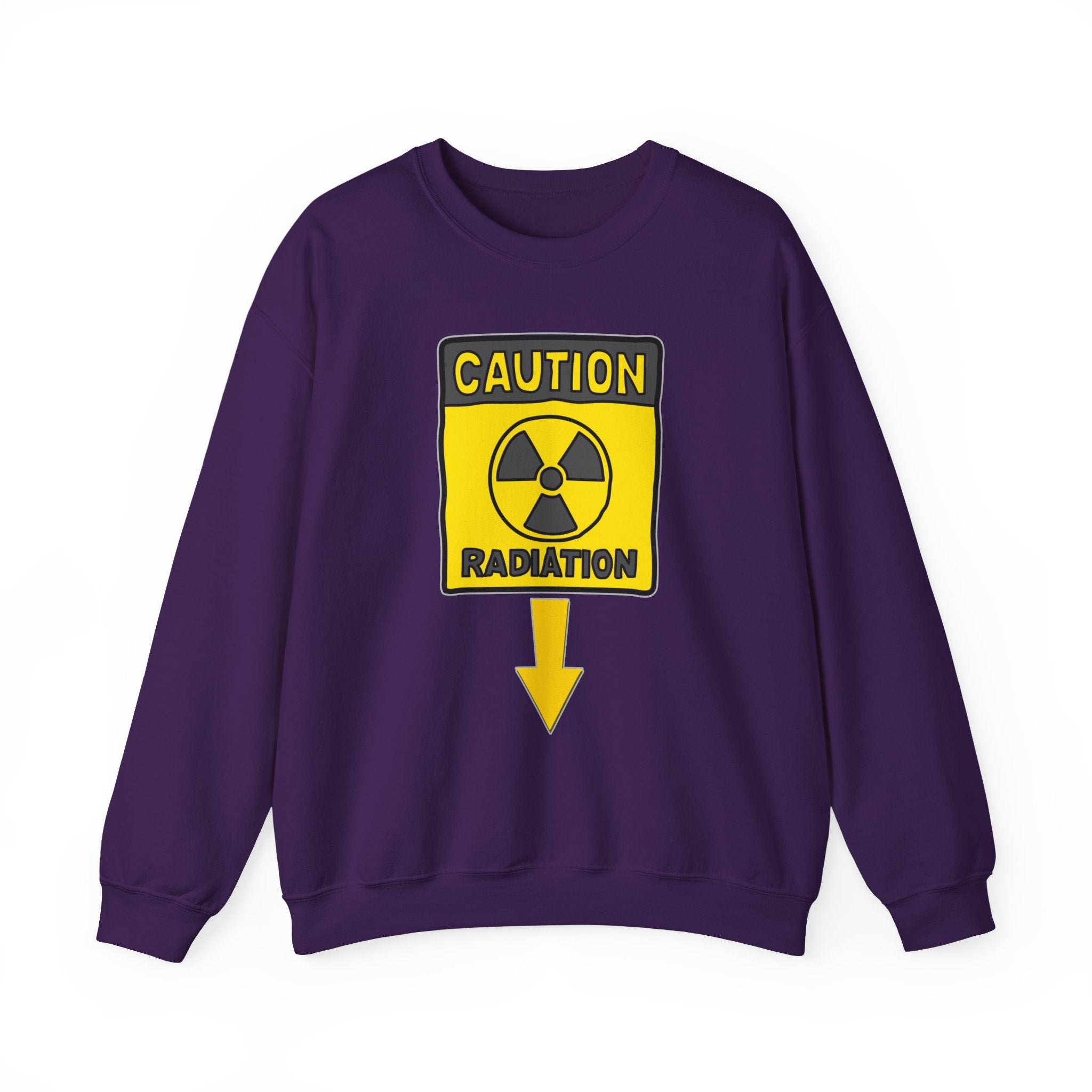Purple sweatshirt with a radiation warning sign on a white background
