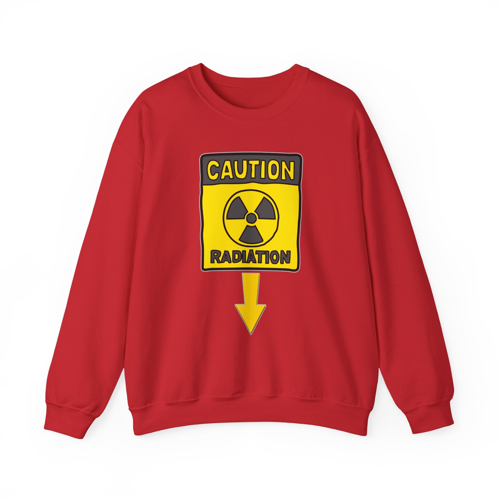 Red sweatshirt with a radiation warning sign on a white background