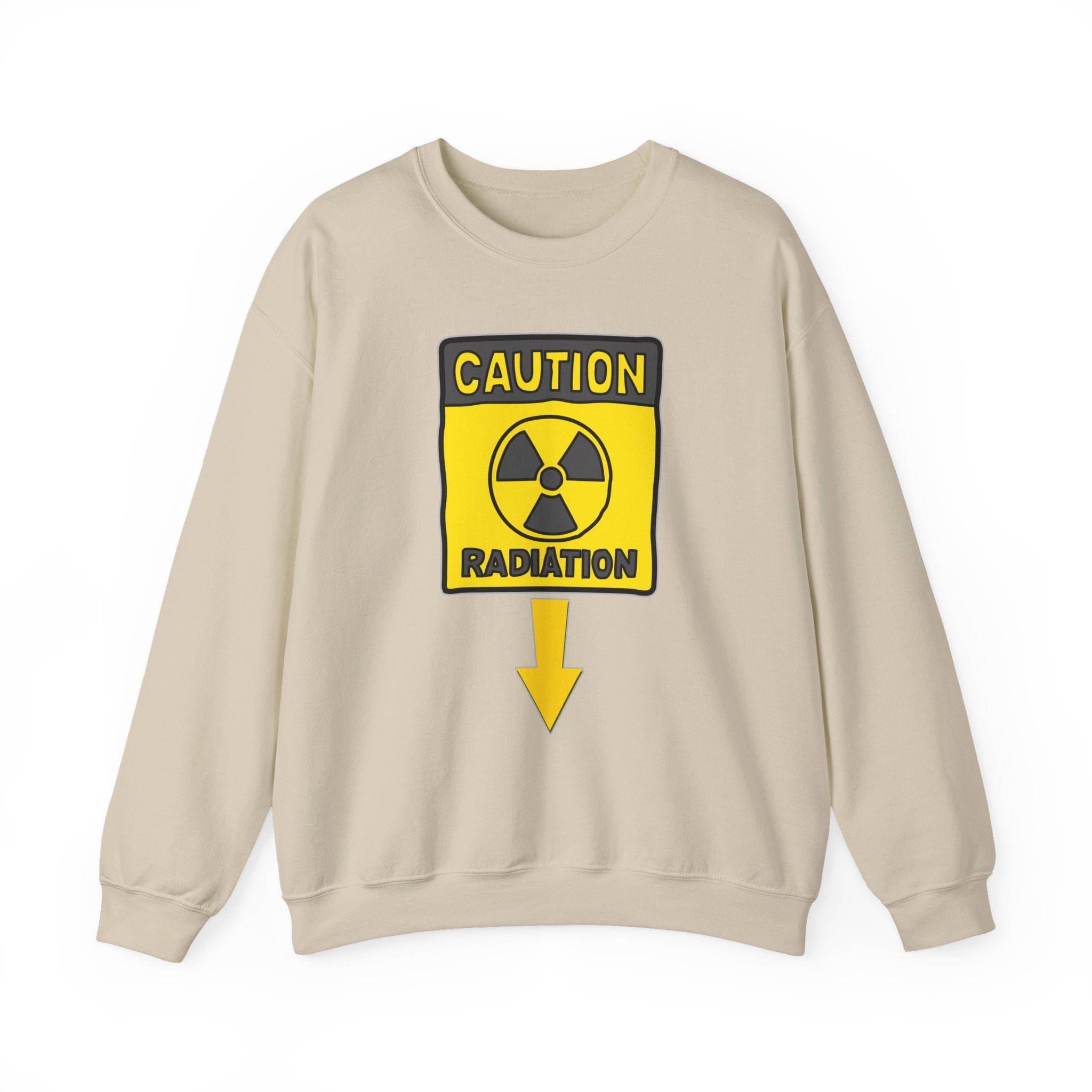 Beige sweatshirt with a radiation warning sign on a white background