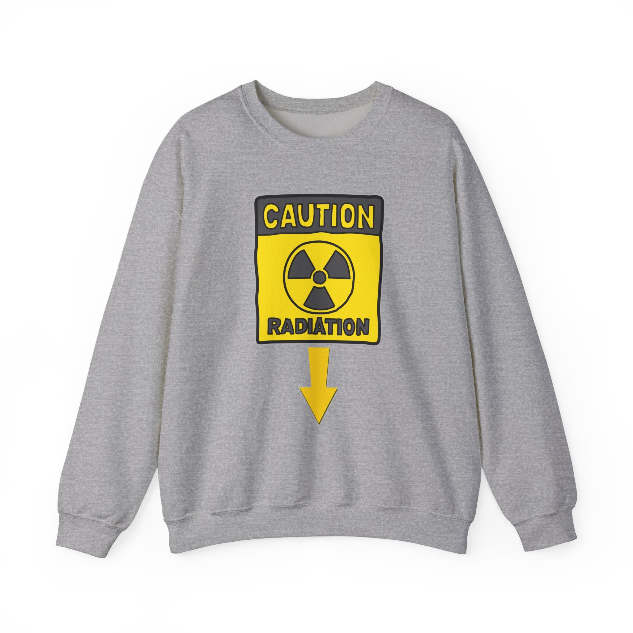 Gray sweatshirt with a caution radiation sign on a white background