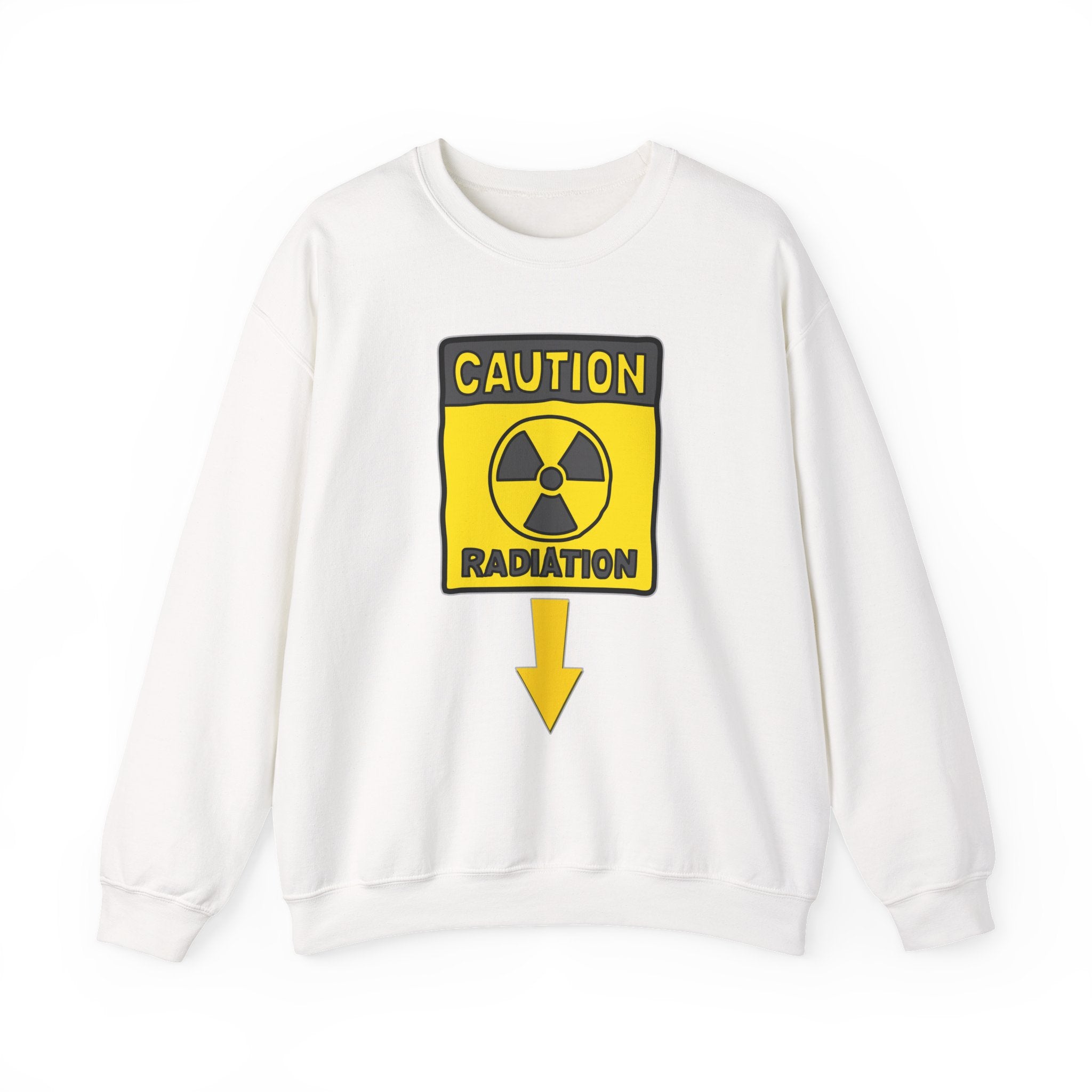 White sweatshirt with a radiation warning sign on a white background