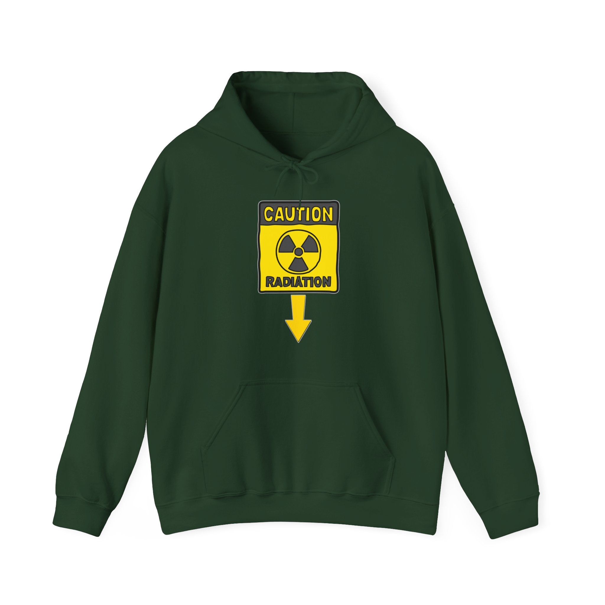 Forest green hoodie with a radiation warning symbol on a white background