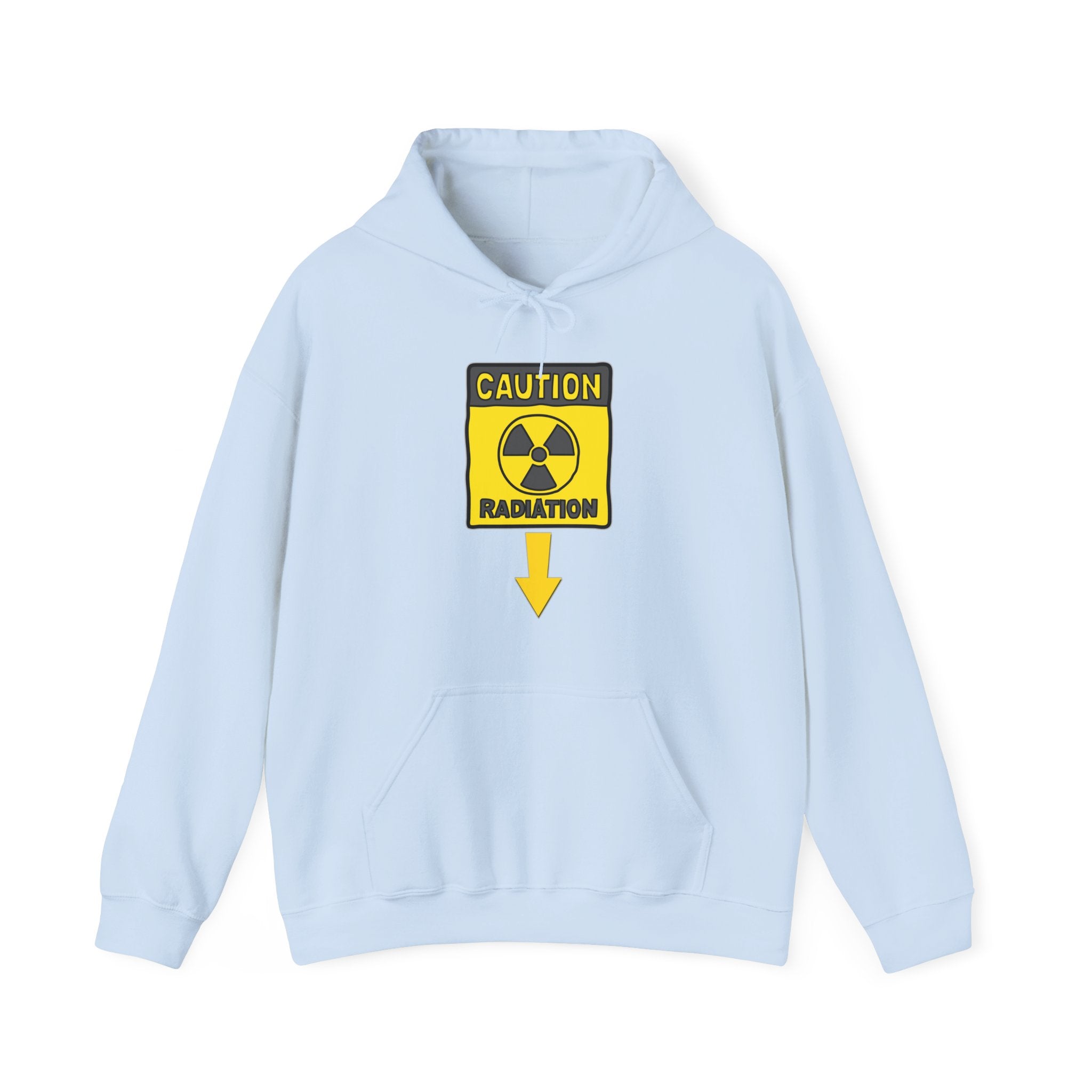 Light blue hoodie with a radiation warning sign on a white background