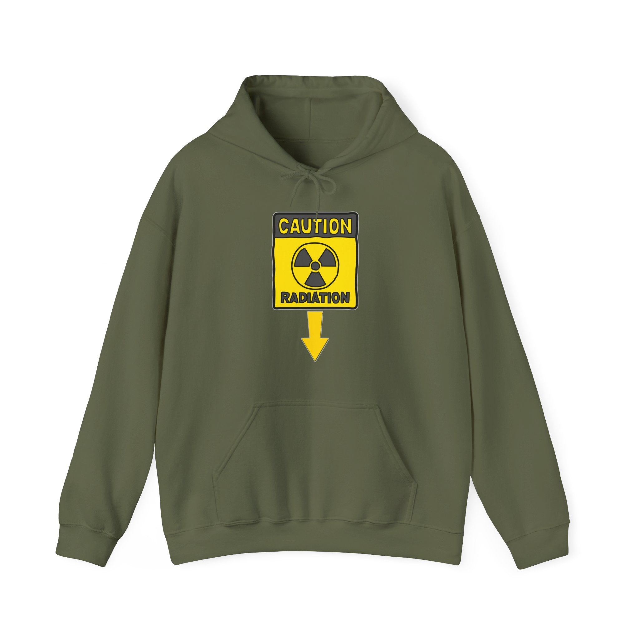 Military green hoodie with a radiation warning sign on a white background