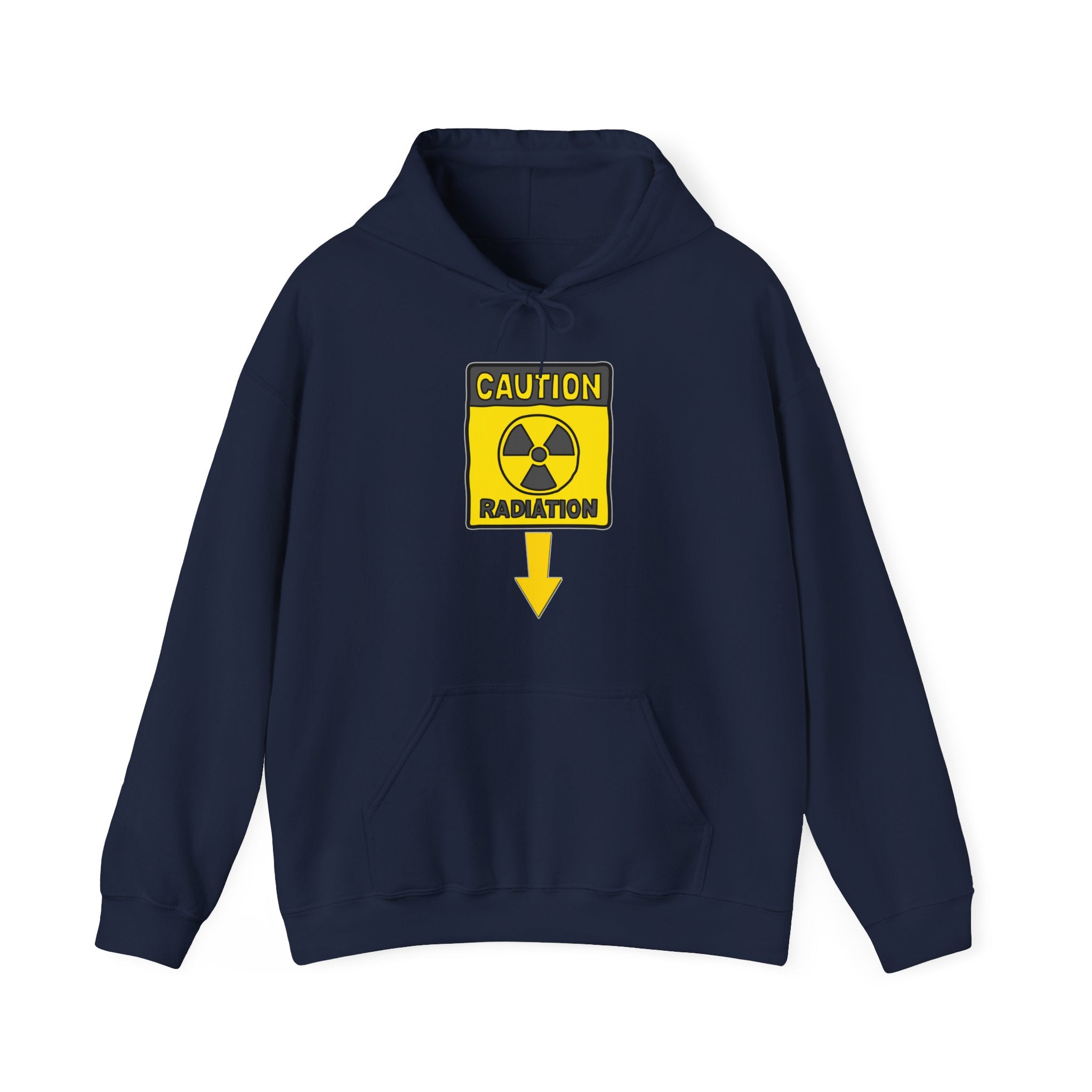 Navy blue hoodie with a yellow radiation warning sign on a white background