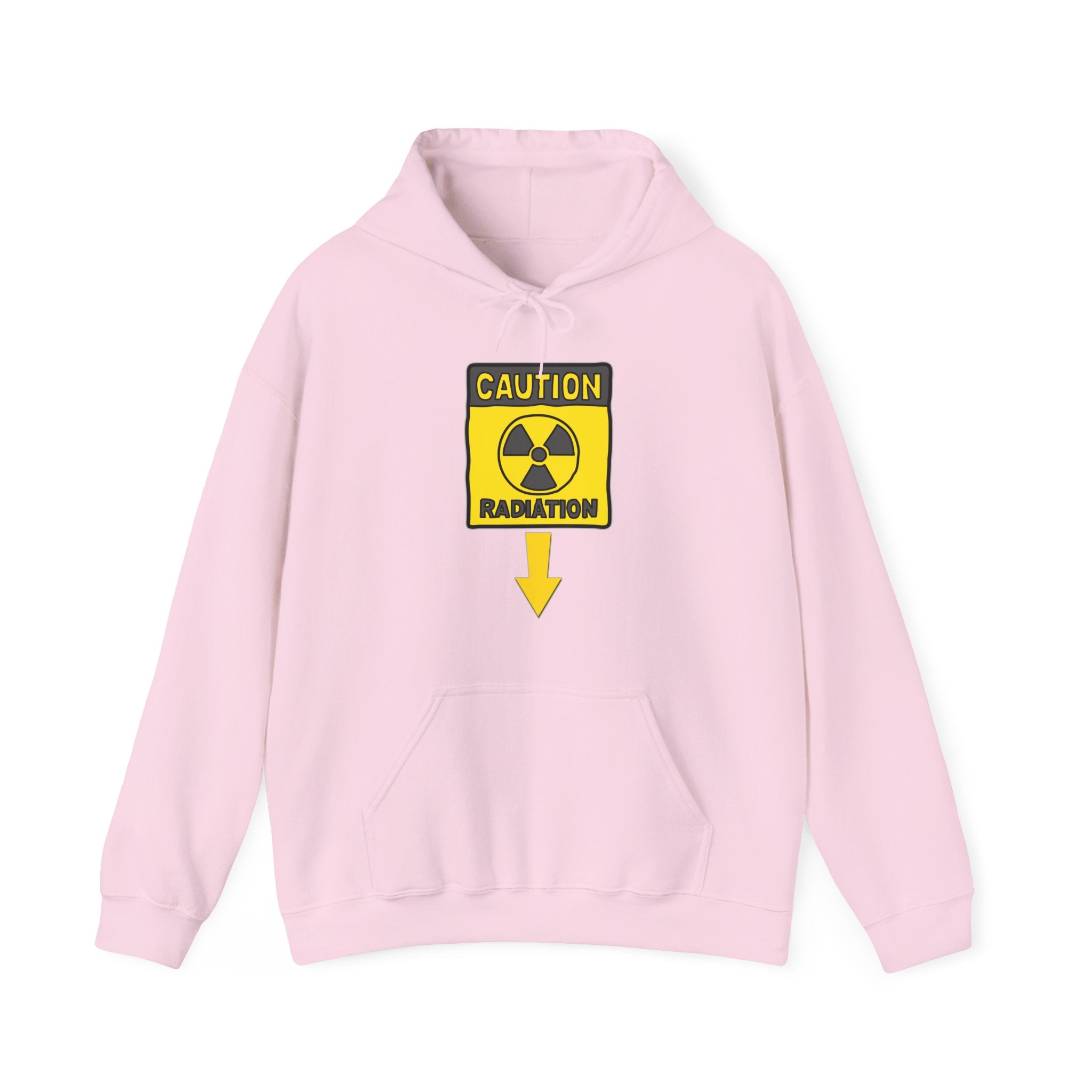 Pink hoodie with a radiation warning sign on a white background
