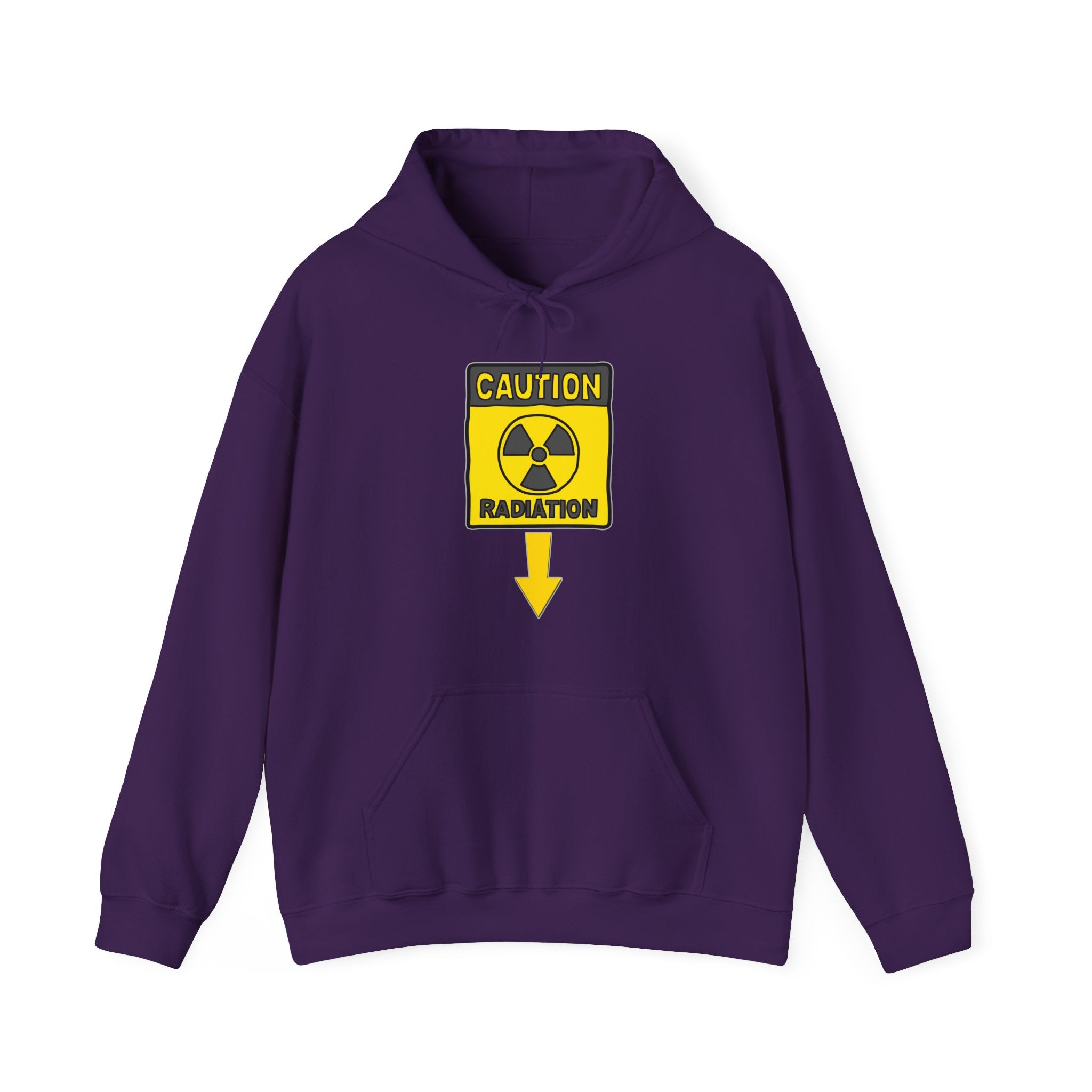 Purple hoodie with a radiation warning sign on a white background