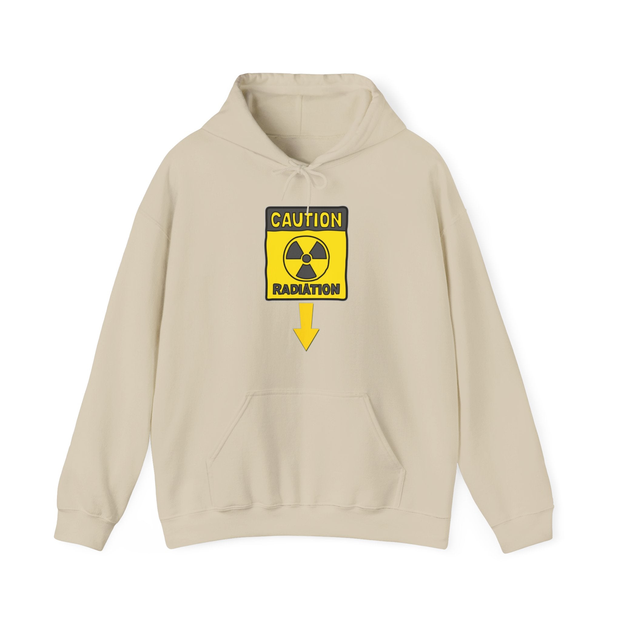 Beige hoodie with a radiation warning sign on a white background