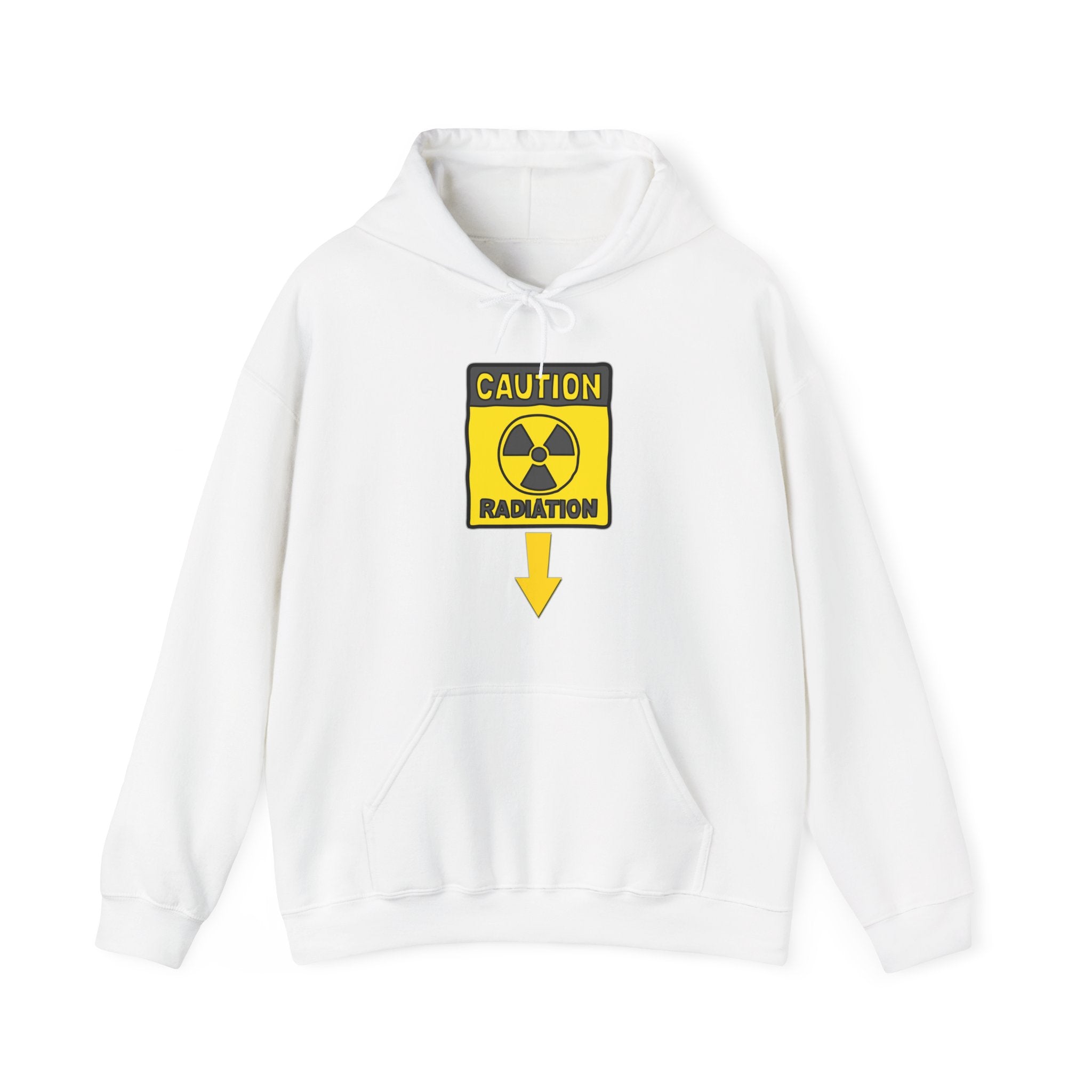 White hoodie with a radiation warning sign on a white background