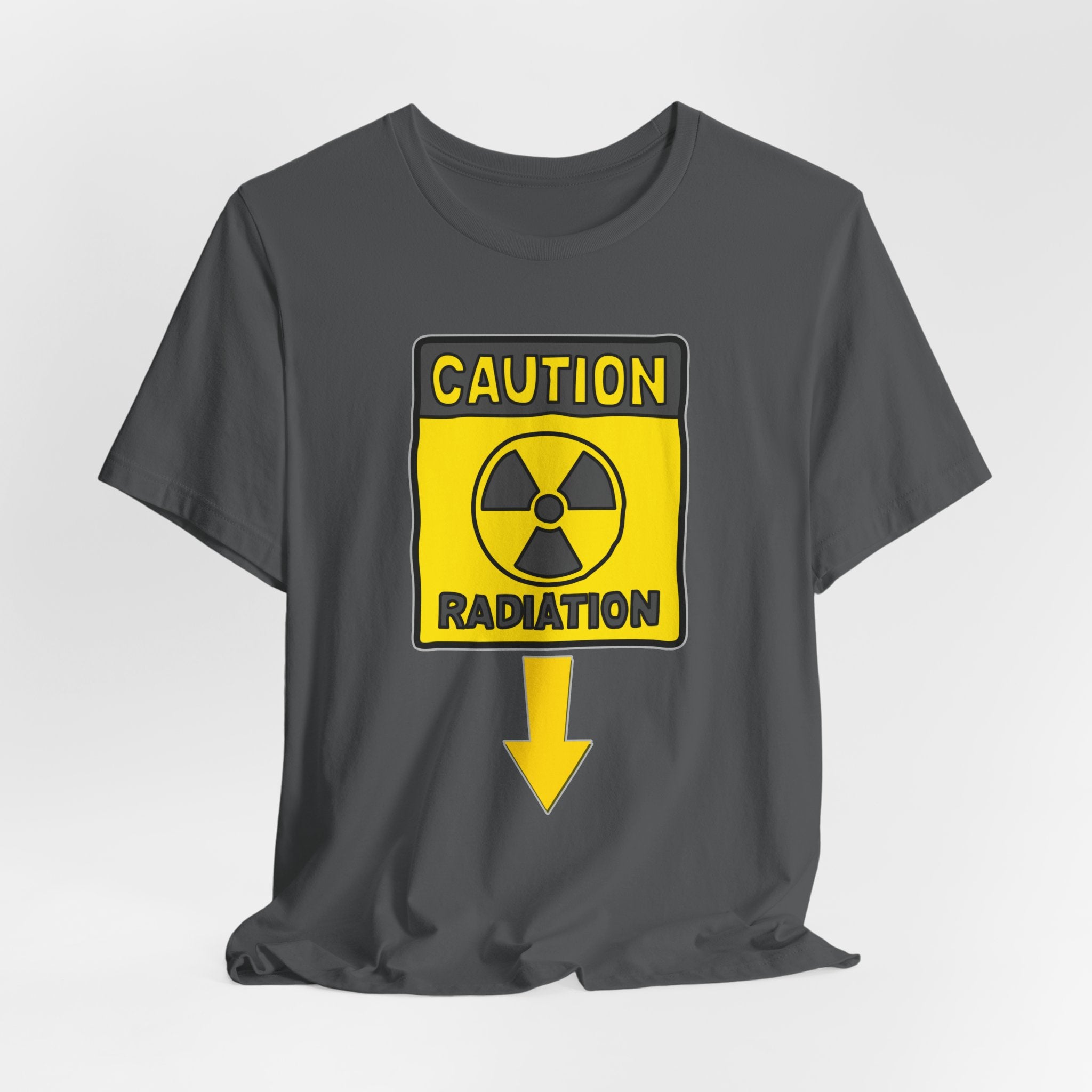 Asphalt gray t-shirt with a caution radiation sign on a white background