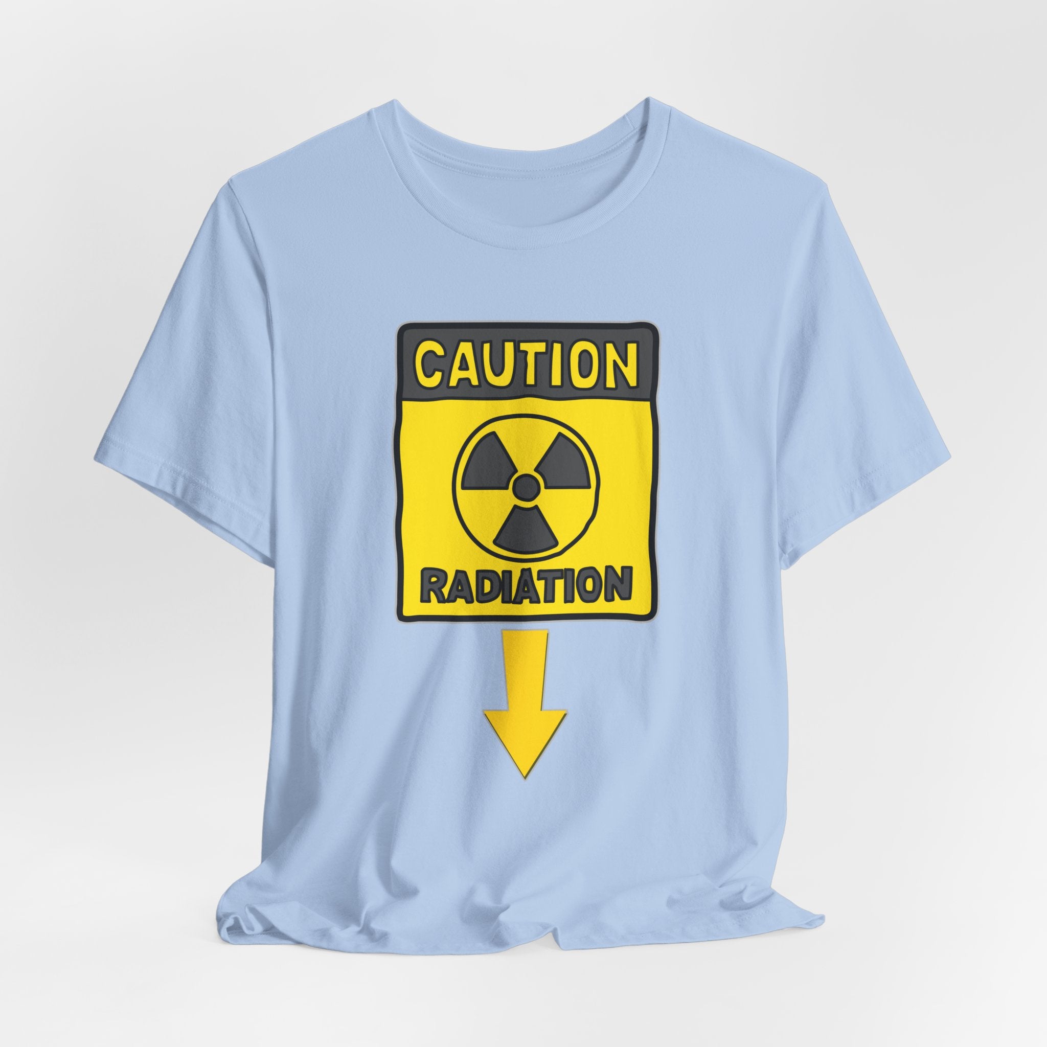 Light blue t-shirt with a radiation warning sign graphic on a light gray background