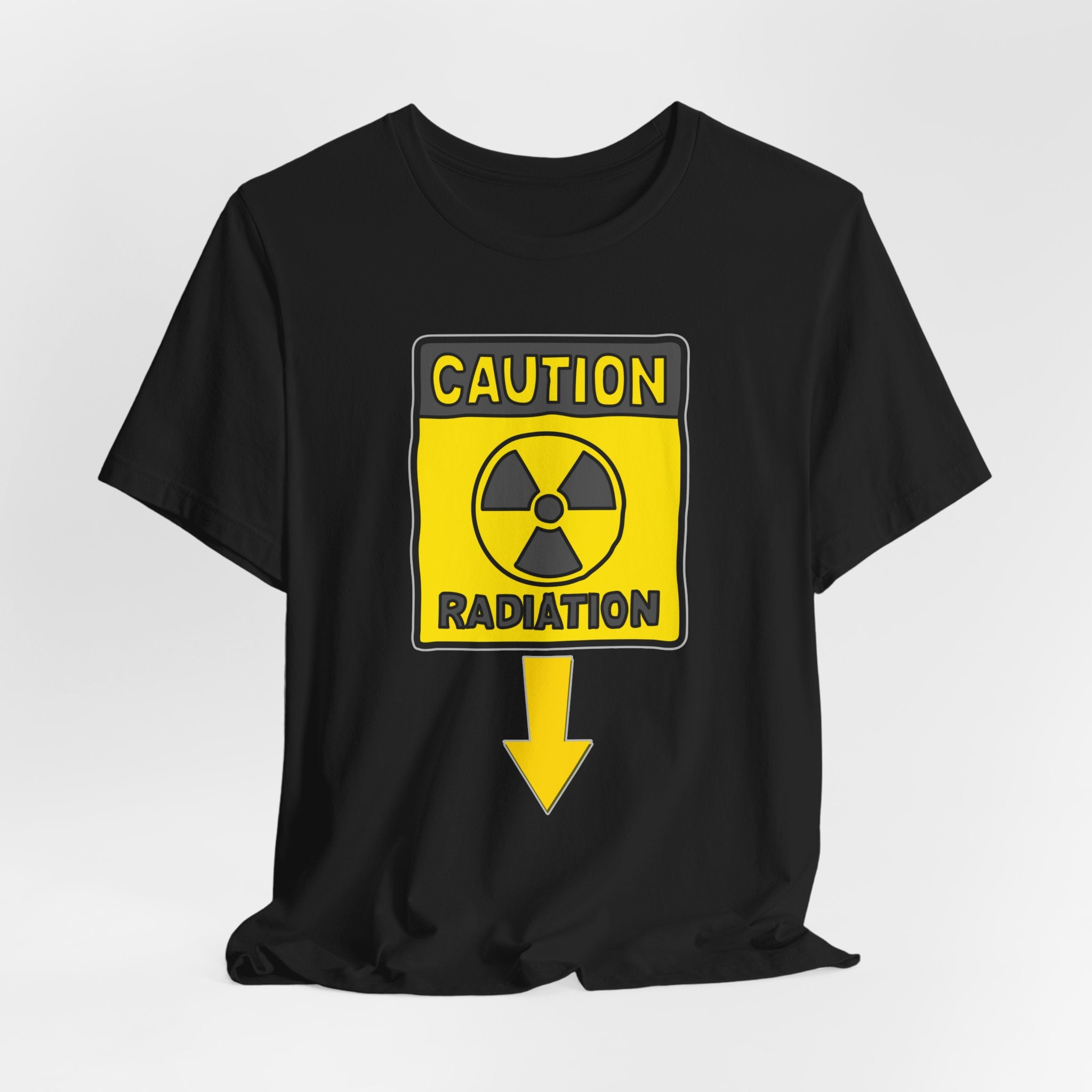 Black t-shirt with a yellow radiation warning sign on a white background